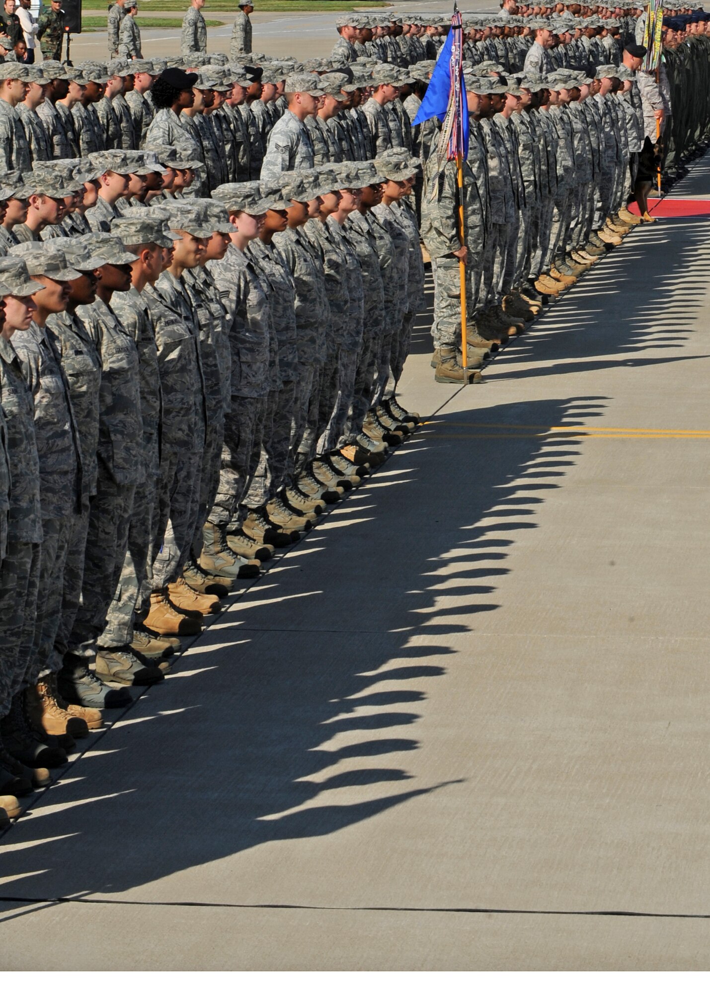 LANGLEY AIR FORCE BASE, Va. -- Airmen of the 1st Fighter Wing pay tribute to their outgoing and incoming commanders during the 1 FW change of command ceremony here May 8. Colonel Matthew H. Molloy assumed command from Brig. Gen. Mark A. Barrett. (U.S. Air Force photo/Airman 1st Class Jonathan Koob)