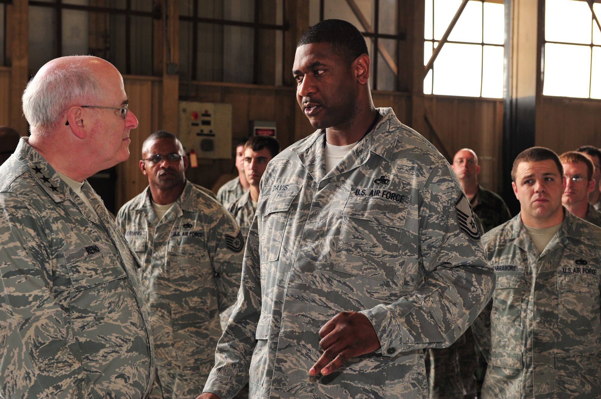 Shaw Air Force Base, S.C.- Lieutenant General Loren Reno, Deputy Chief of Staff for Logistics, speaks with MSgt Lamar Davis, inspection section chief, 20th Equipment Maintenance Squadron, May 6, 2009.  LtGen Reno spent most of the day touring Shaw AFB, learning how each duty section was making improvements using AFSO 21 and hearing the thoughts of the Airmen who work at Shaw.  (U.S. Air Force Photo by Senior Airman William Coleman)