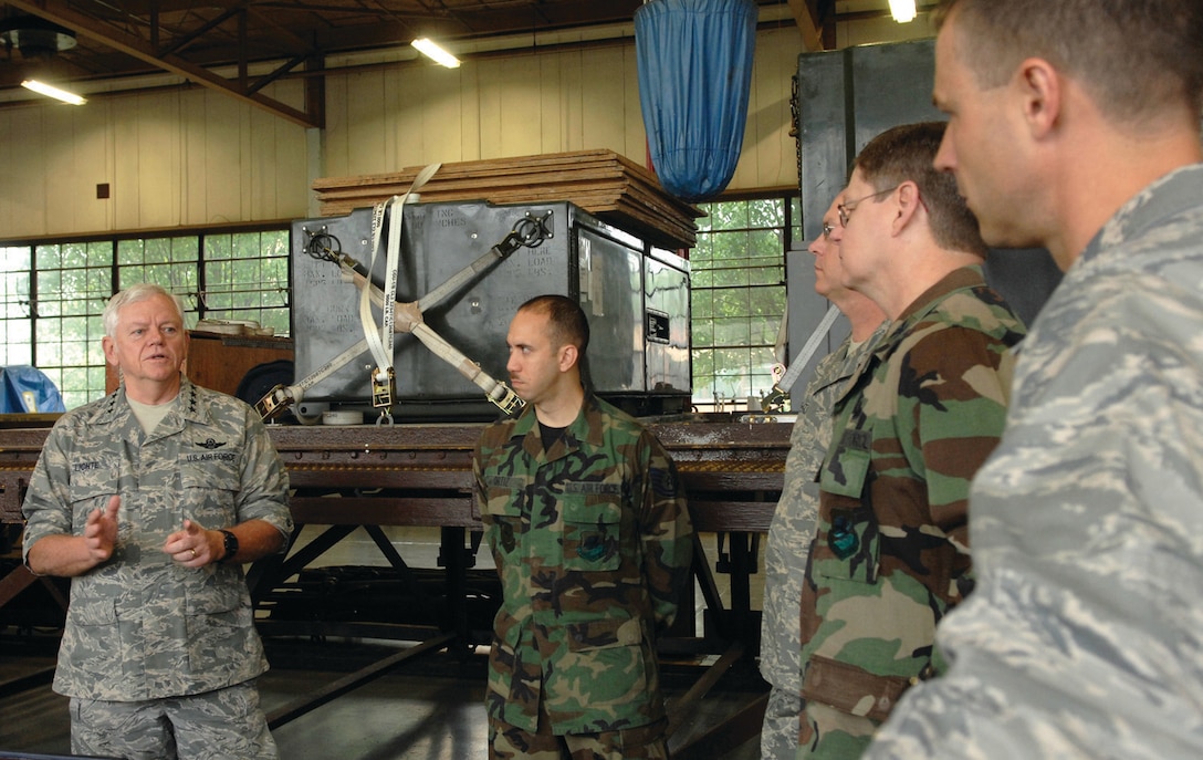 General Arthur Lichte, Air Mobility Command commander, speaks to 89th Airlift Wing members about military transportation, construction and communication during a tour at Andrews May 1. General Lichte was shown different areas of the 89 AW and discussed building reconstruction to accommodate the "Roll on Roll off Project,” a project specified to help military leaders keep in contact with the President of the United States and troops in place when transitioning to alternate locations and combat zones. (U.S. Air Force photo/ Staff Sgt. Melissa Stonecipher)