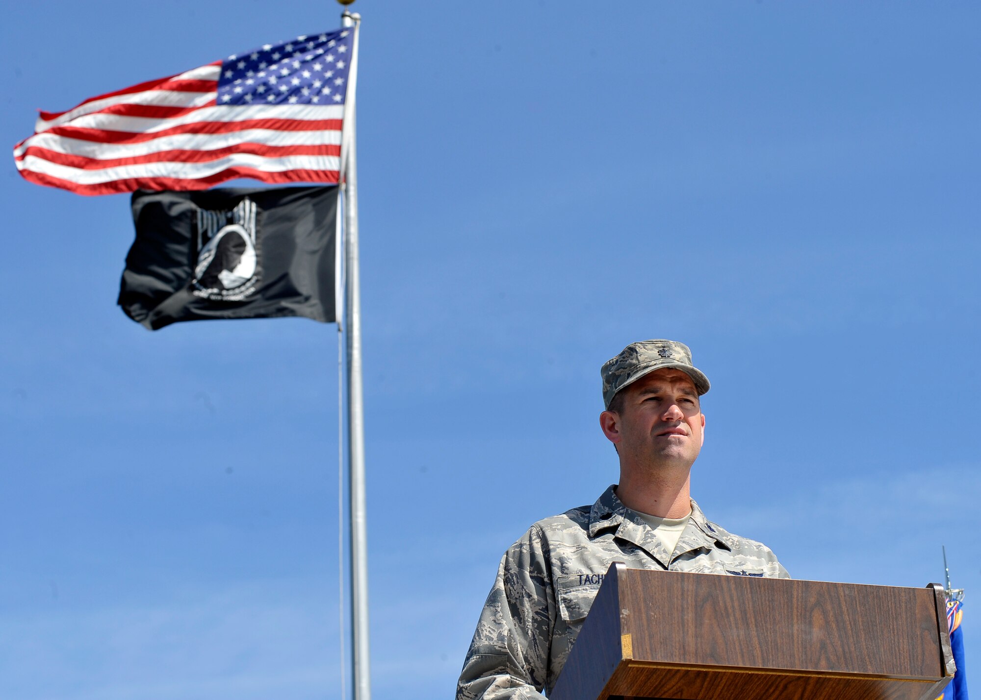 Incoming 66th Training Squadron Commander, Lt. Col. Christopher C. Tacheny, speaks to attendees during the 66th TRS Change of Command Ceremony at the 336th Training Group’s flag pole May 1. Colonel Tacheny is the former deputy officer of the 22nd Training Squadron, which also falls under the 336th TRG. (U.S. Air Force photo / Senior Airman Joshua K. Chapman)
