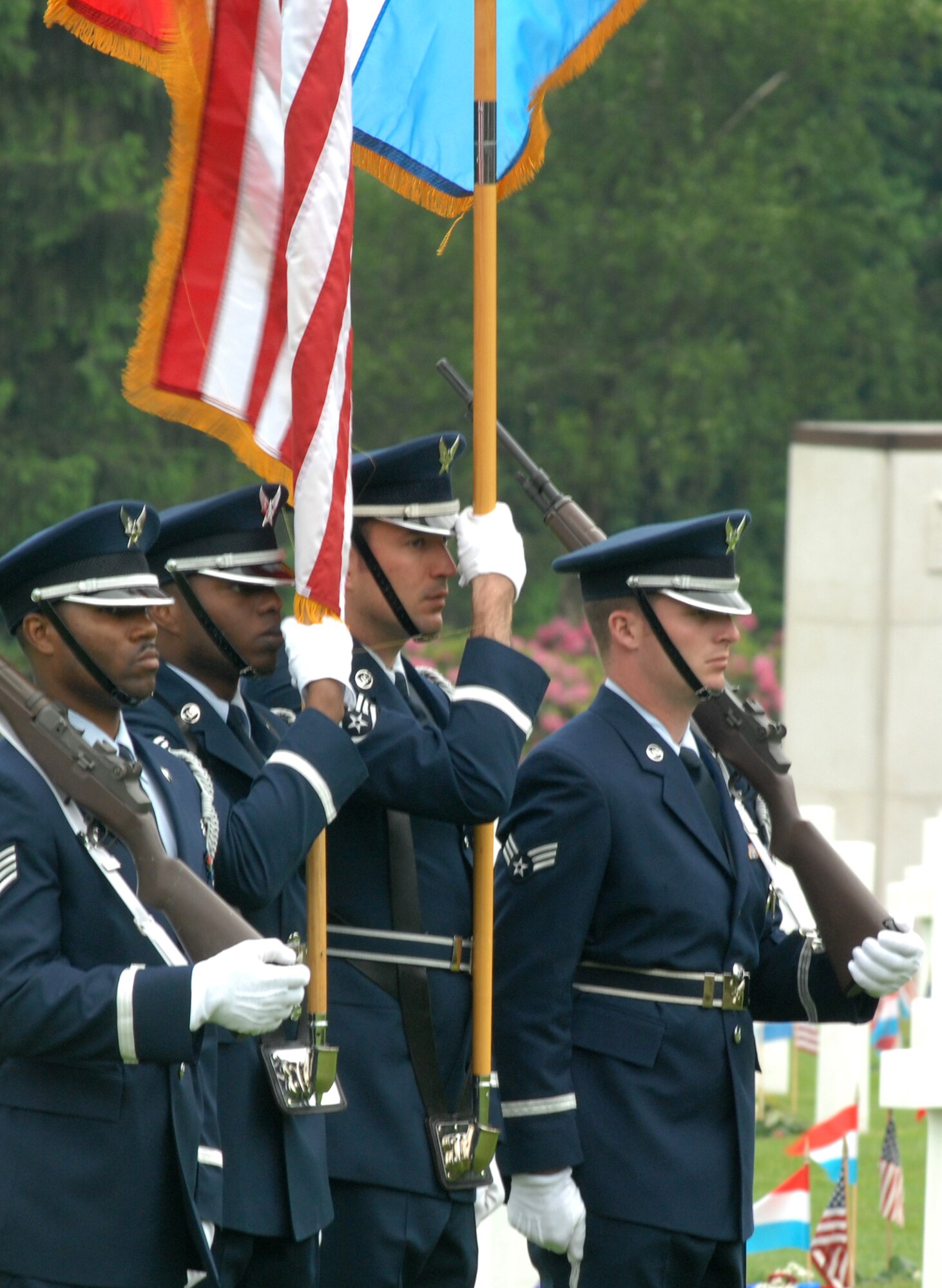 LUXEMBOURG CITY, Luxembourg – Airmen of the 52nd Fighter Wing Honor Guard present the colors during a Memorial Day ceremony at the Luxembourg American Cemetery and Memorial May 24, 2008. Memorial Day was officially proclaimed in 1868 and became widespread by 1902. It was named a federal holiday in 1971. (U.S. Air Force photo by Staff Sgt. Logan Tuttle)