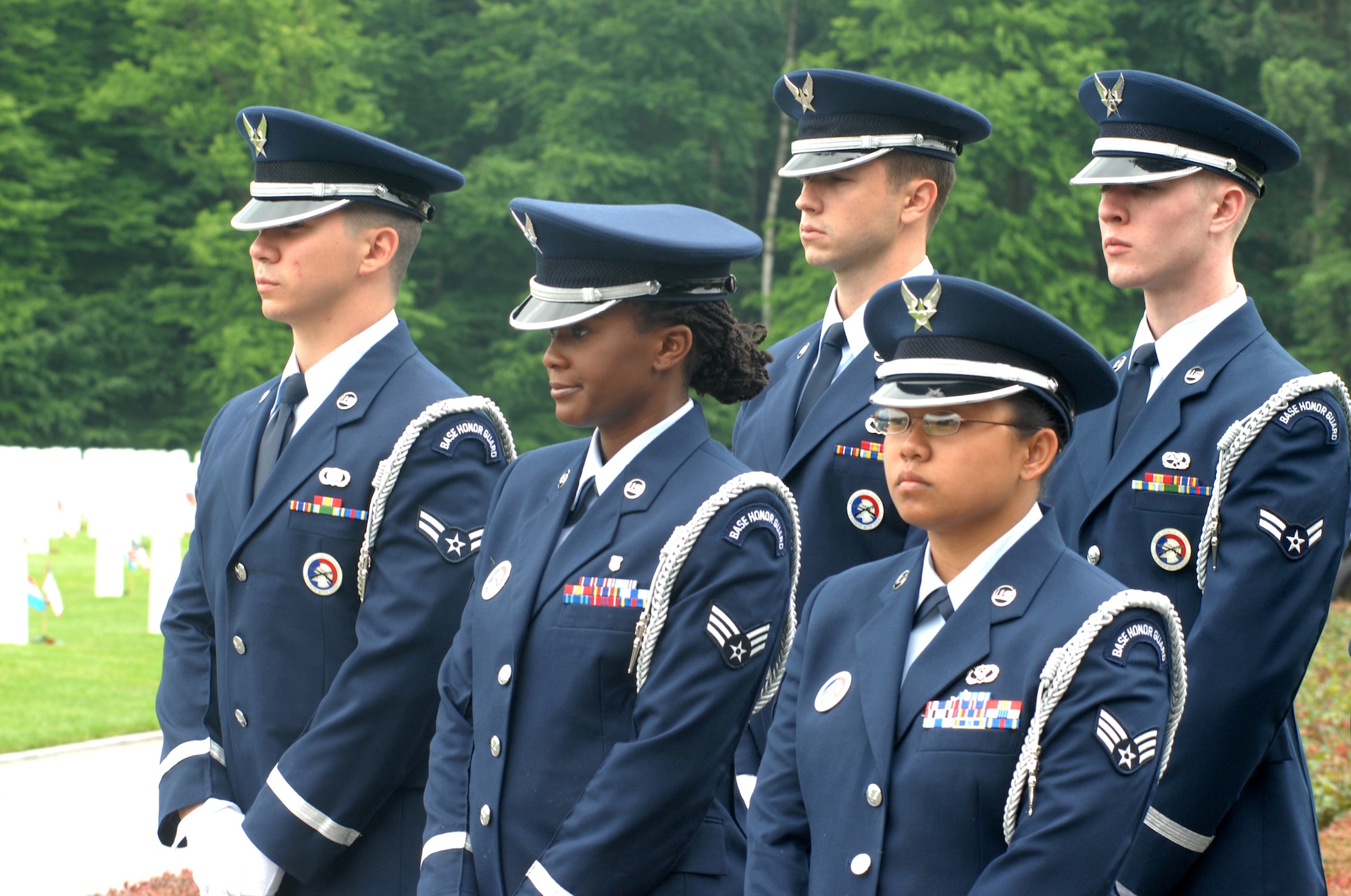 LUXEMBOURG CITY, Luxembourg – Airmen of the 52nd Fighter Wing Honor Guard stand in formation during a Memorial Day ceremony at the Luxembourg American Cemetery and Memorial May 24, 2008. The cemetery contains the remains of 5,076 American servicemembers from all 50 states and the District of Columbia. (U.S. Air Force photo by Staff Sgt. Logan Tuttle)
