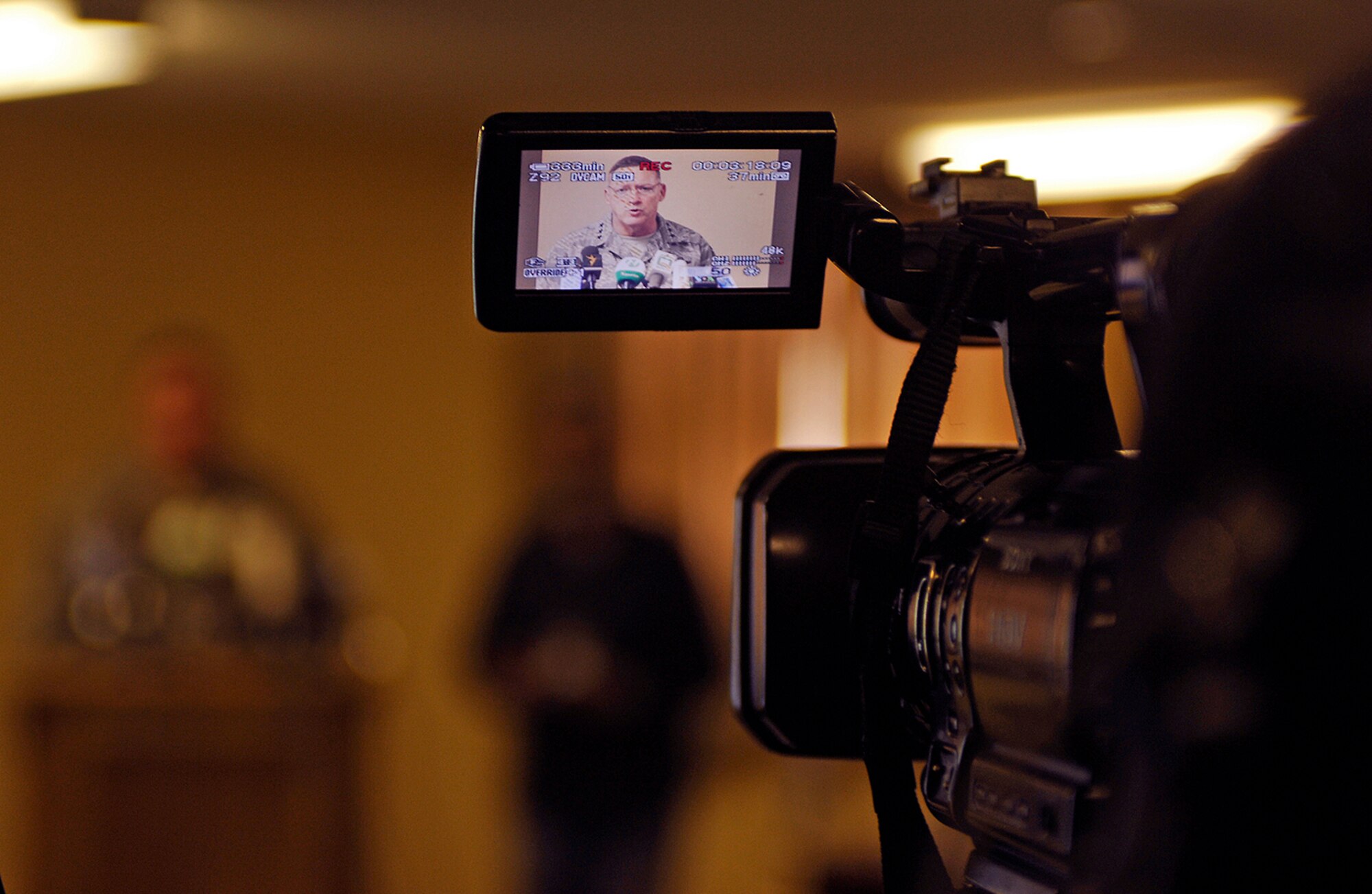 Lt. Gen. Gary North, Combined Forces Air Component commander for Southwest Asia, answers questions from Afghan media at his news conference during "Bagram Media Days" April 19. During his presentation, General North stressed the significant efforts made to reduce the risk to non-combatants during combat air operations in Afghanistan. (Air Force/Staff Sgt. Jason Lake)