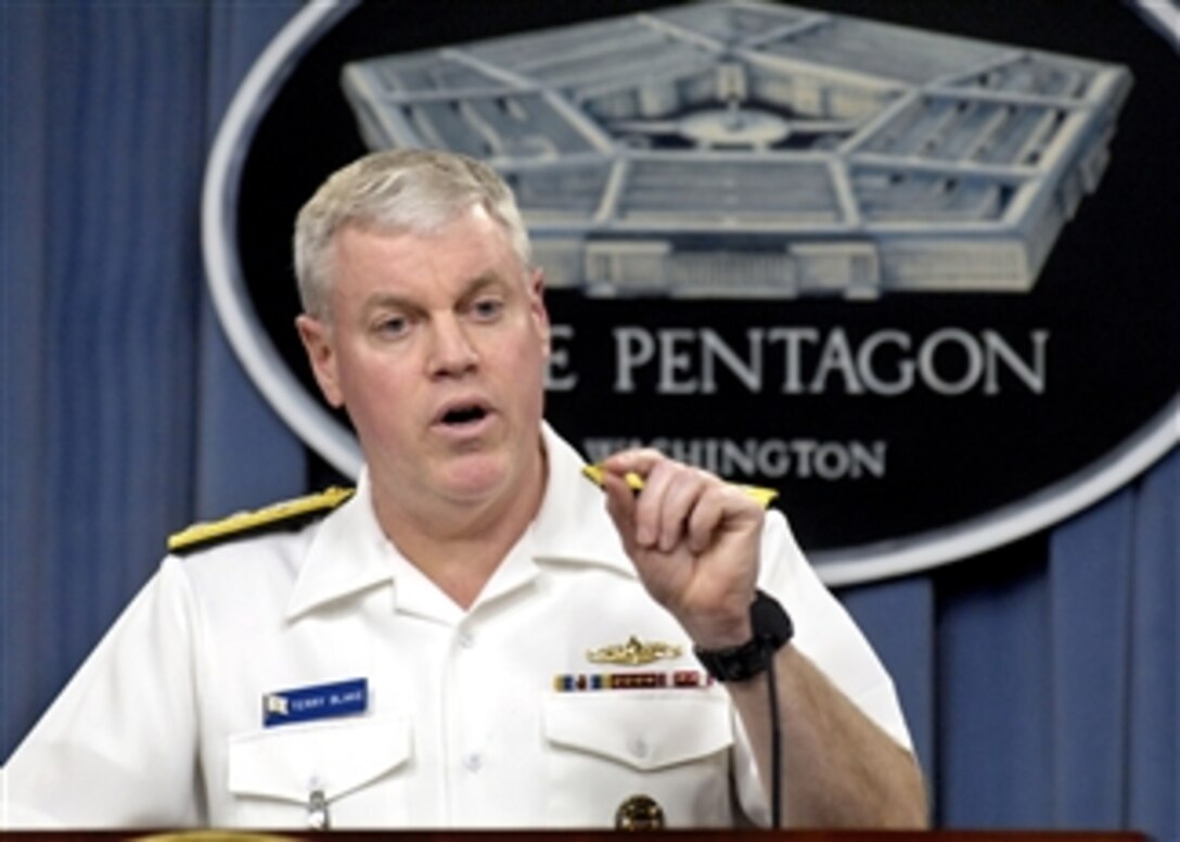 Deputy Assistant Secretary of the Navy for Budget Rear Adm. Terry Blake conducts a press briefing in the Pentagon to review key details of President Obama's Fiscal Year 2010 budget submission for the U.S. Navy on May 7, 2009.  