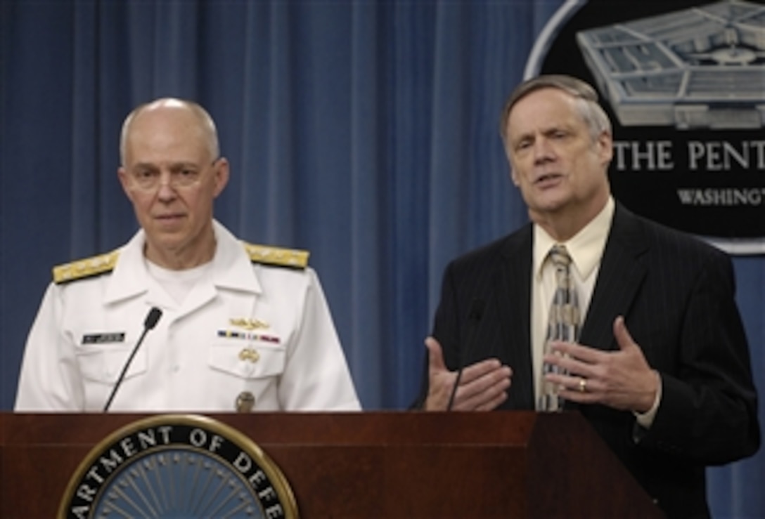 Under Secretary of Defense Comptroller Robert Hale (right) and Joint Staff Director, Force Structure, Resources and Assessment Vice Adm. Steve Stanley conduct a press briefing to discuss President Obama's fiscal 2010 budget proposal in the Pentagon on May 7, 2009.  