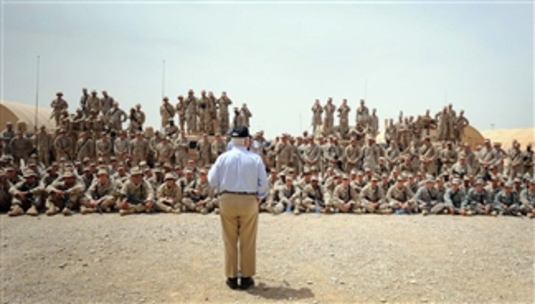 Secretary of Defense Robert M. Gates talks to Marines deployed to Camp Leatherneck at Forward Operating Base Bastion, Afghanistan, during a trip to southwest Asia on May 7, 2009.  