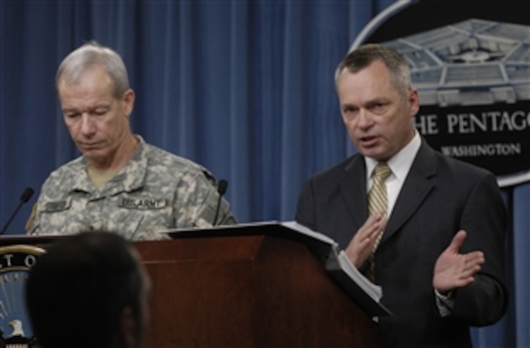 Acting Director of the Army Budget William H. Campbell (right) and Military Deputy for Budget Lt. Gen. Edgar E. Stanton III conduct a press briefing to discuss President Obama's fiscal 2010 budget proposal for the U.S. Army in the Pentagon on May 7, 2009.  