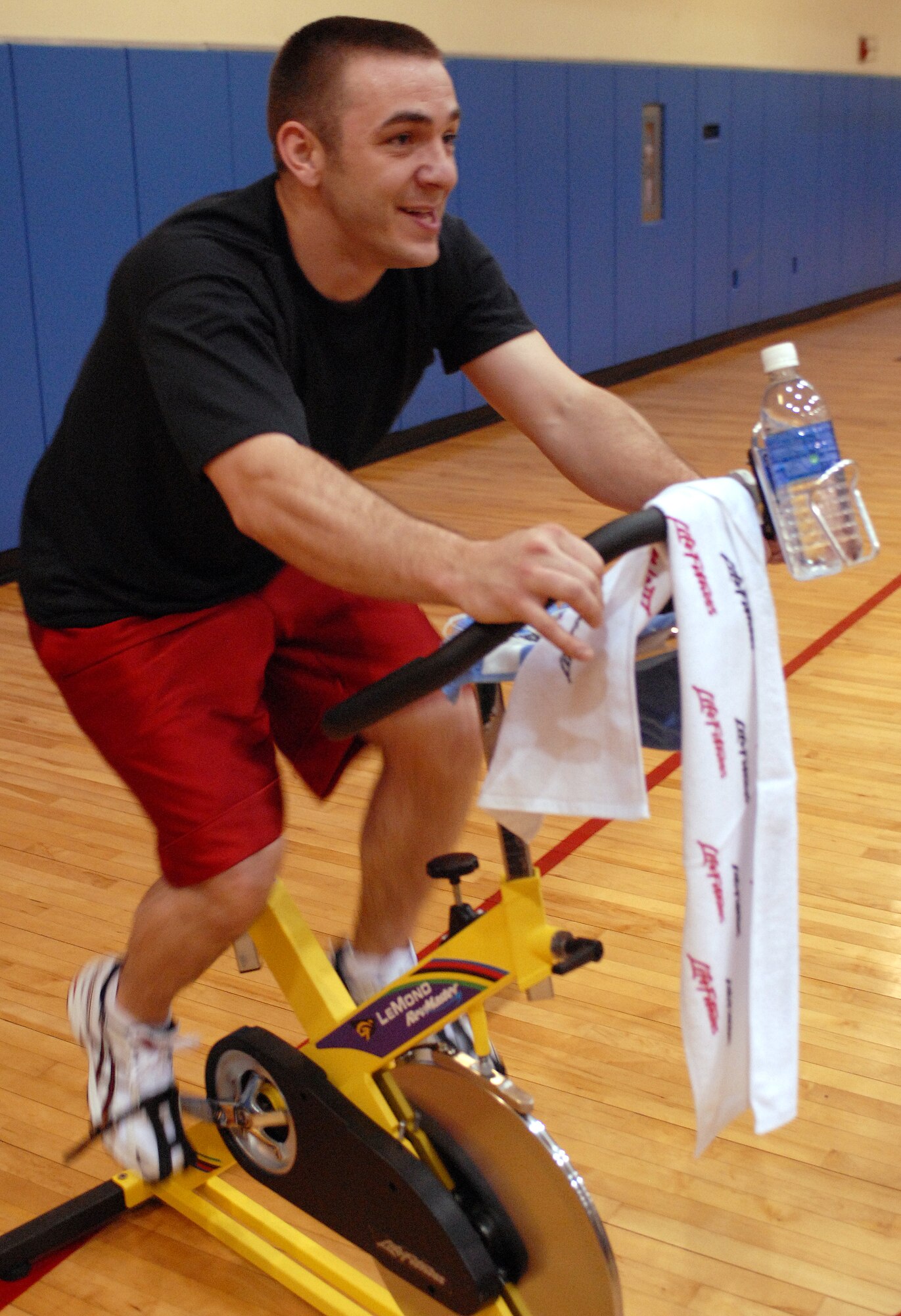 Staff Sgt. James Becvar, 8th Maintenance Squadron, pedals a stationary bike during the Arob-a-thon at Kunsan Air Base, Republic of Korea, May 9. The The Arob-a-thon was a special event held by the 8th Force Support Squadron and conducted as part of May Fitness Month. (U.S. Air Force Photo/Senior Airman Gustavo Gonzalez)