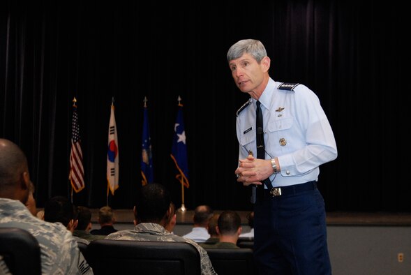 Gen. Norton A. Schwartz, Air Force Chief of Staff, speaks to the Airmen at Kunsan Air Base, Republic of Korea, May 10. General Schwartz received a mission brief and a tour of the base on his visit to Kunsan. (U.S. Air Force Photo by SSgt Jason Colbert) 