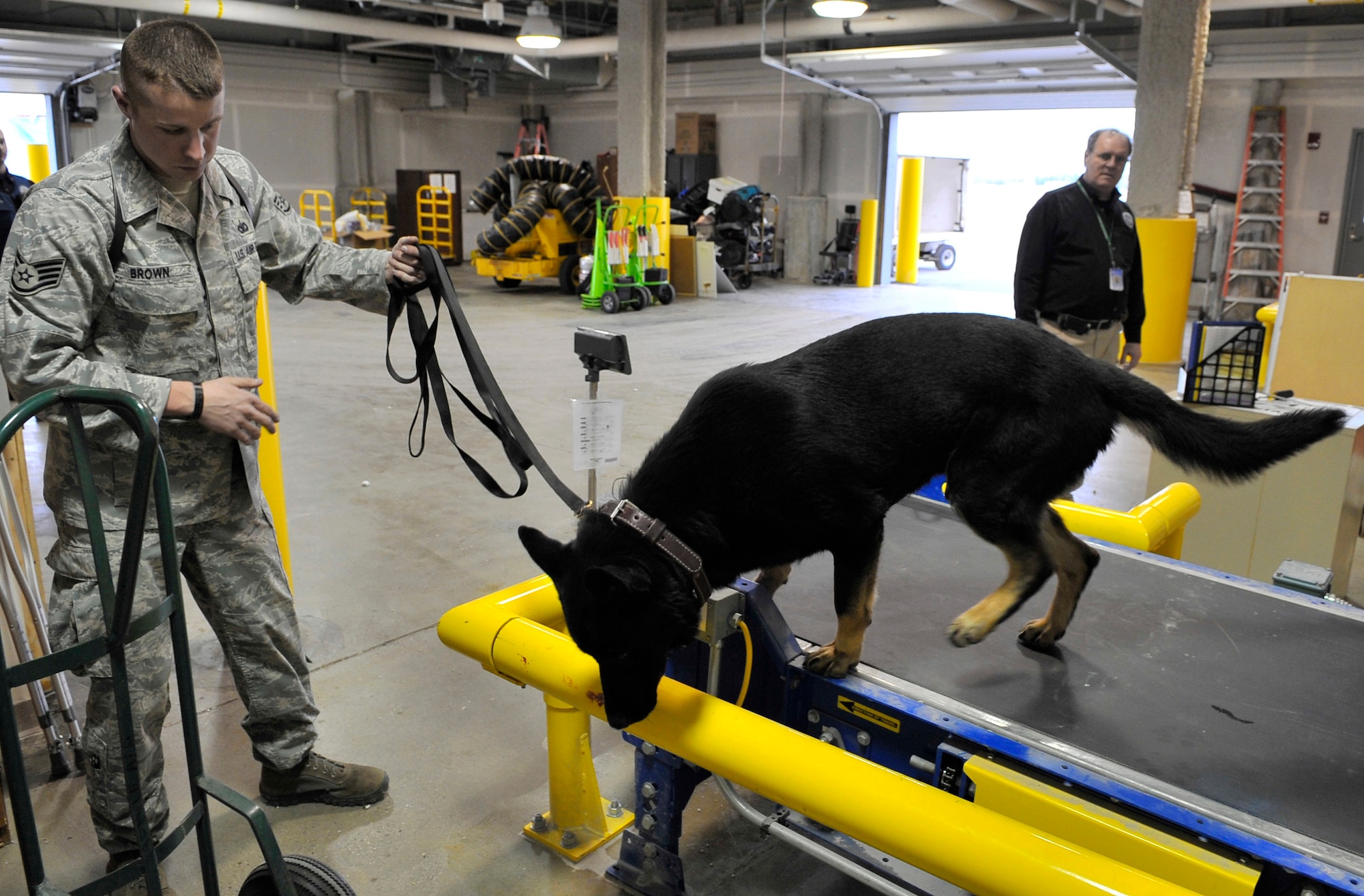 Staff Sgt. Robert Brown and military working dog Benny look for explosives during a sweep of the new wing at the Fairbanks International Airport in Fairbanks, Alaska, May 5. The Department of Homeland Security and Eielson Air Force Base, Alaska, joined together to clear the new wing of threats. The new wing is open to the community for use May 7. Sergeant Brown and Benny are a MWD team assigned to the 354th Security Forces Squadron, Eielson AFB. (U.S. Air Force photo/Staff Sgt. Christopher Boitz)