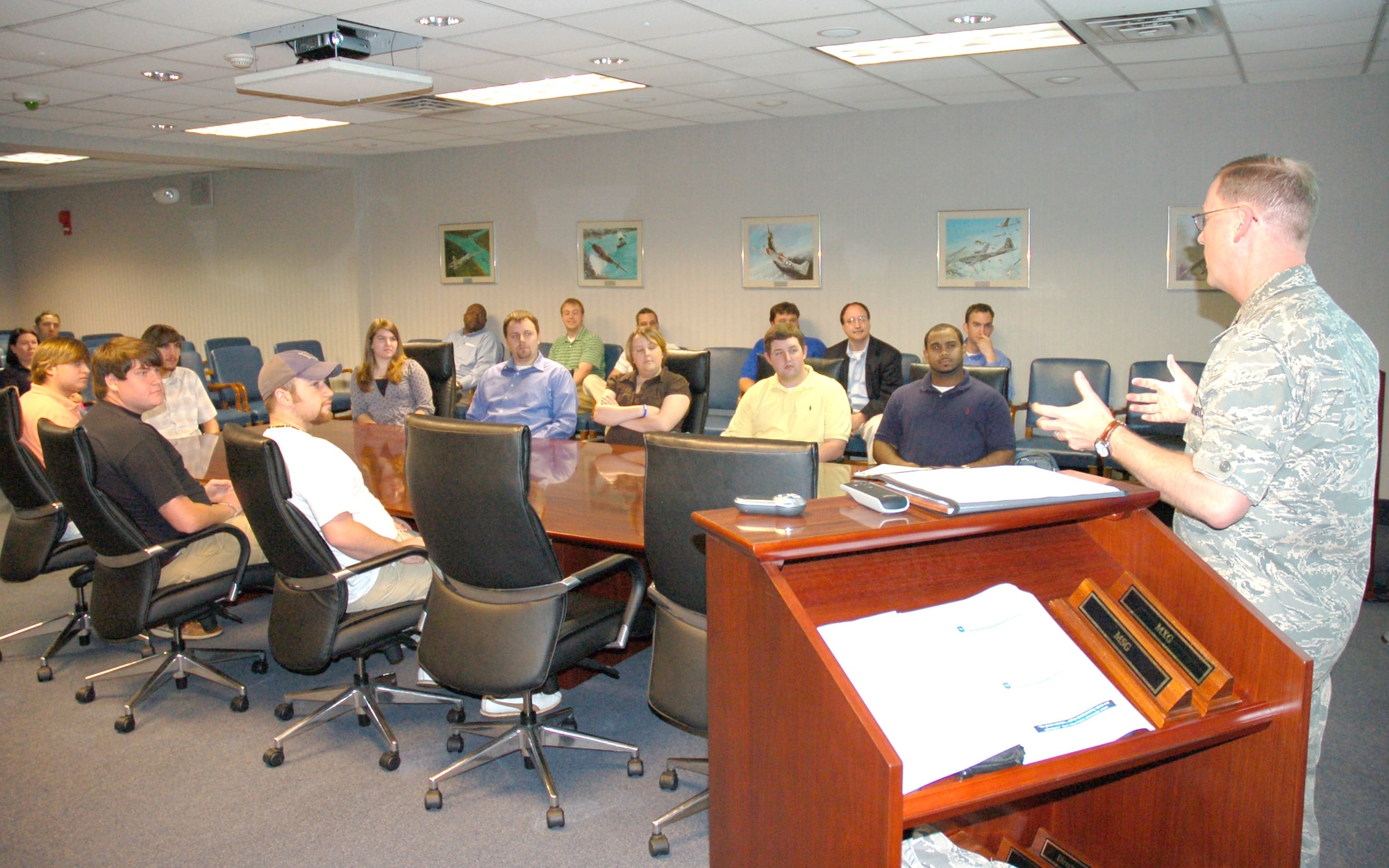 Col. Paul Barzler, Air Force Cyber Command (Provisional) Staff Judge Advocate, welcomes a group of students from Louisiana Tech University in Ruston, Louisiana, to Barksdale Air Force Base. The students visited AFCYBER (P) May 5 as a follow up to a recent course, "Studies in Cyberspace," and to learn more about the military's current cyber efforts. (U.S. Air Force Photo/Carla Pampe)