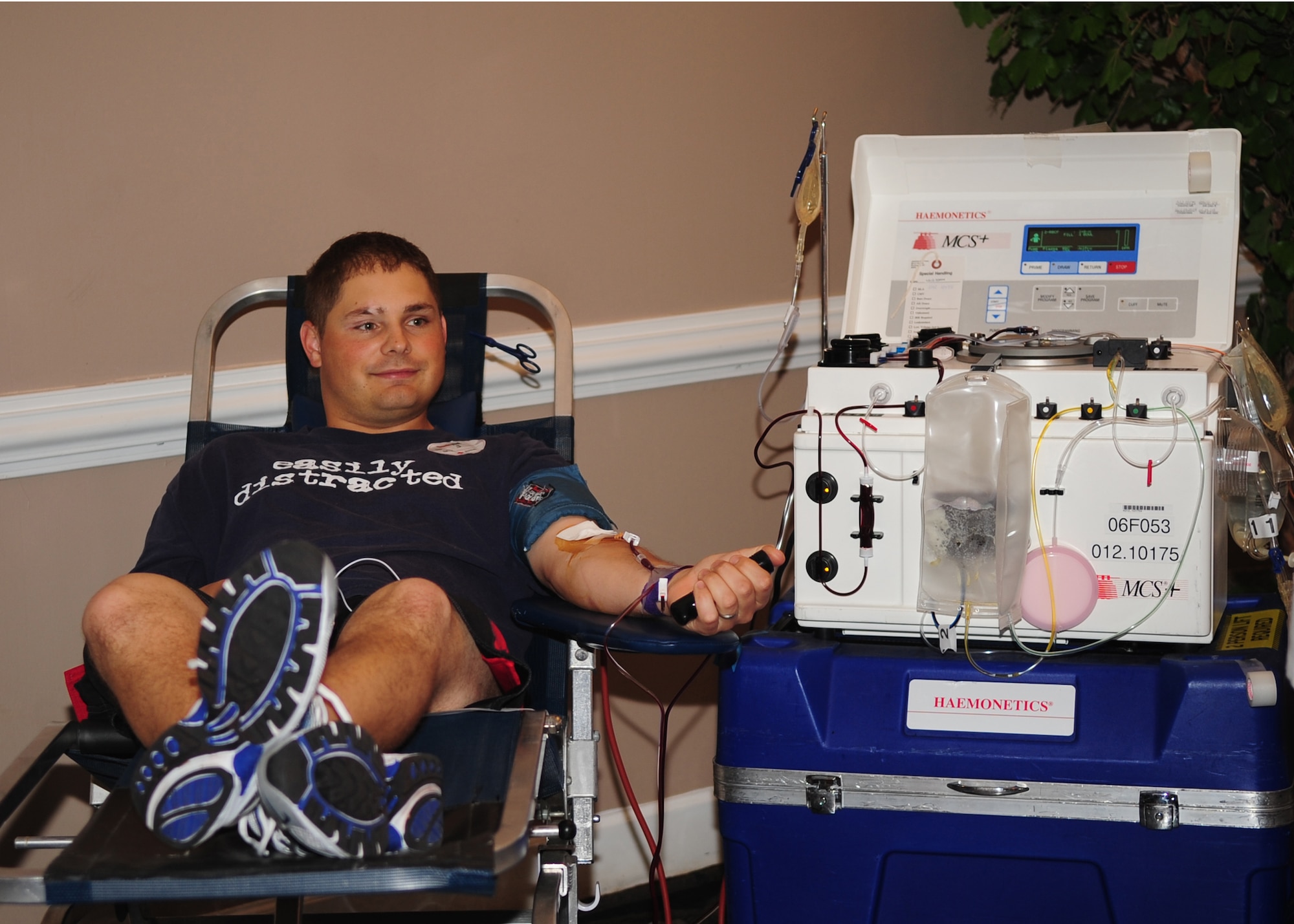 Staff Sgt. Robert O'Connor, 4th Force Support Squadron, donates red blood cells during a Red Cross blood drive at Seymour Johnson Air Force Base, N.C., May 7, 2009. A single donation can save up to three lives. (U.S. Air Force photo by Airman 1st Class Rae Perry) 