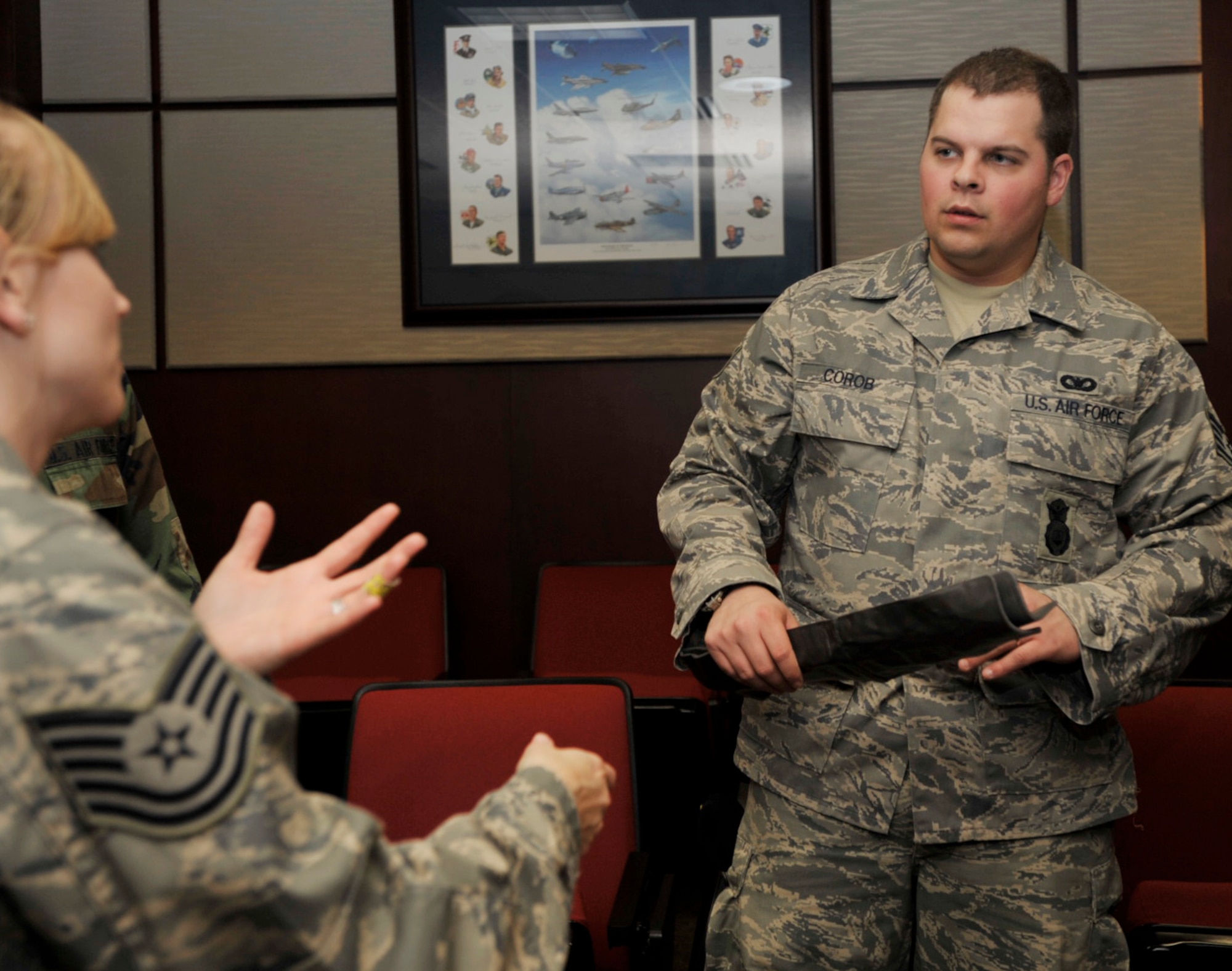 Staff Sgt. David Corob III receives instruction during a self-aid and buddy care class in April. Sergeant Corob is security forces patrolman assigned to the 931st Military Support Flight, an Air Force Reserve unit at McConnell Air Force Base, Kan. (U.S. Air Force photo/Tech. Sgt. Jason Schaap)