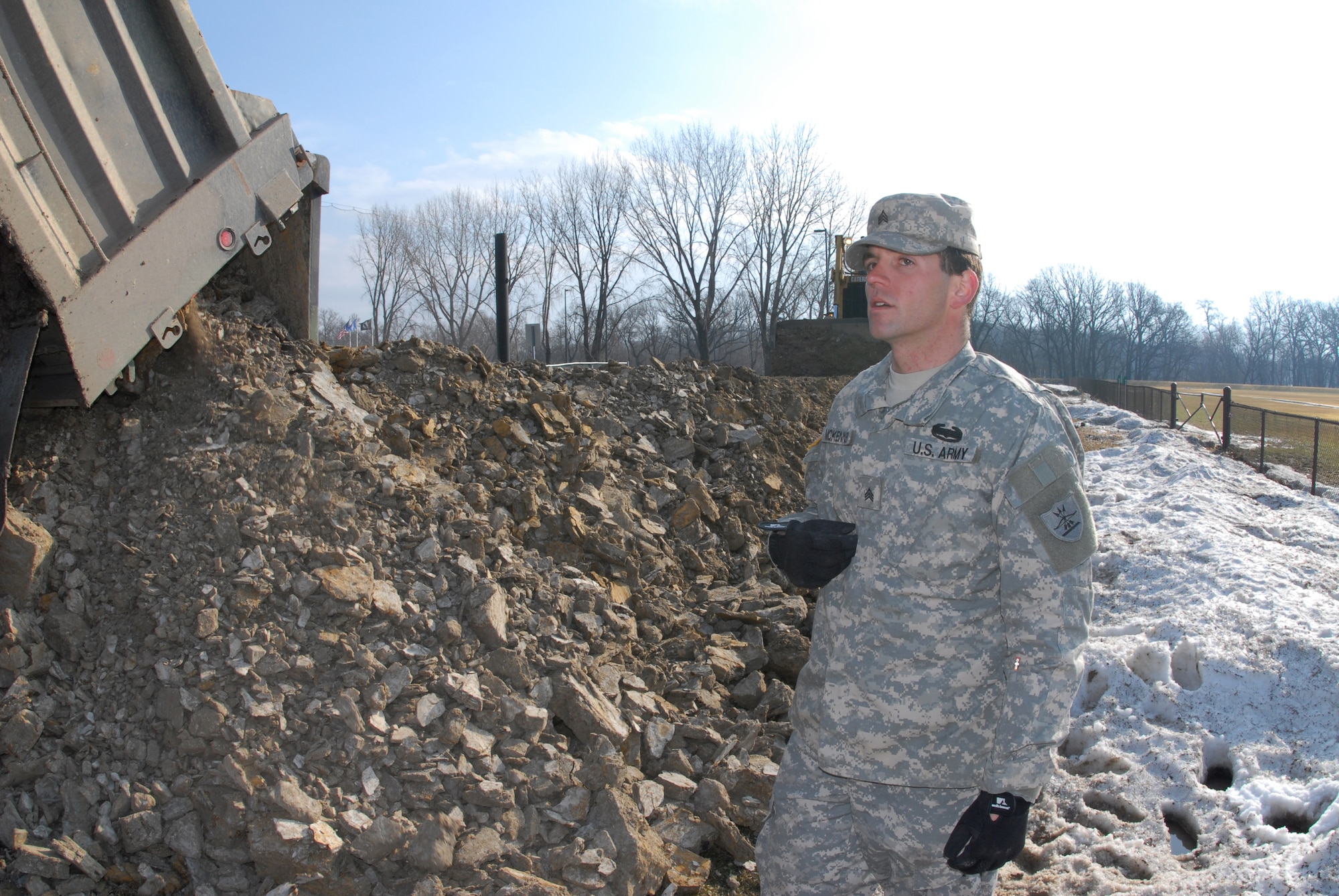 A North Dakota National Guard soldier works on flood duty in the Red River Valley of North Dakota.