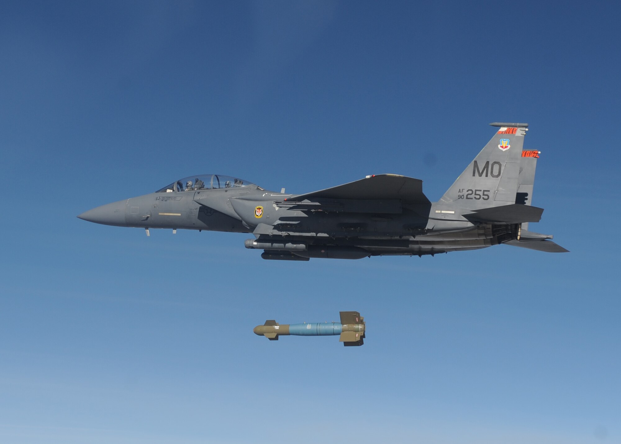 An F-15 from the 366th Fighter Wing at Mountain Home Air Force Base, Idaho, drops a GBU-31 during a Combat Hammer mission during a two-week large-scale evaluation at Hill Air Force Base, Utah. Combat Hammer is also known as a Weapons System Evaluation Program for air-to-ground weapons.  Almost every fighter in the Air Force inventory participated in this evaluation, which also included bombers and unmanned aircraft systems.  The 86th Fighter Weapons Squadron executes the 'Hammer' missions by evaluating the entire weapons process from loading to flight to the target.  (U.S. Air Force photo/Capt. Christopher Johnson.) 