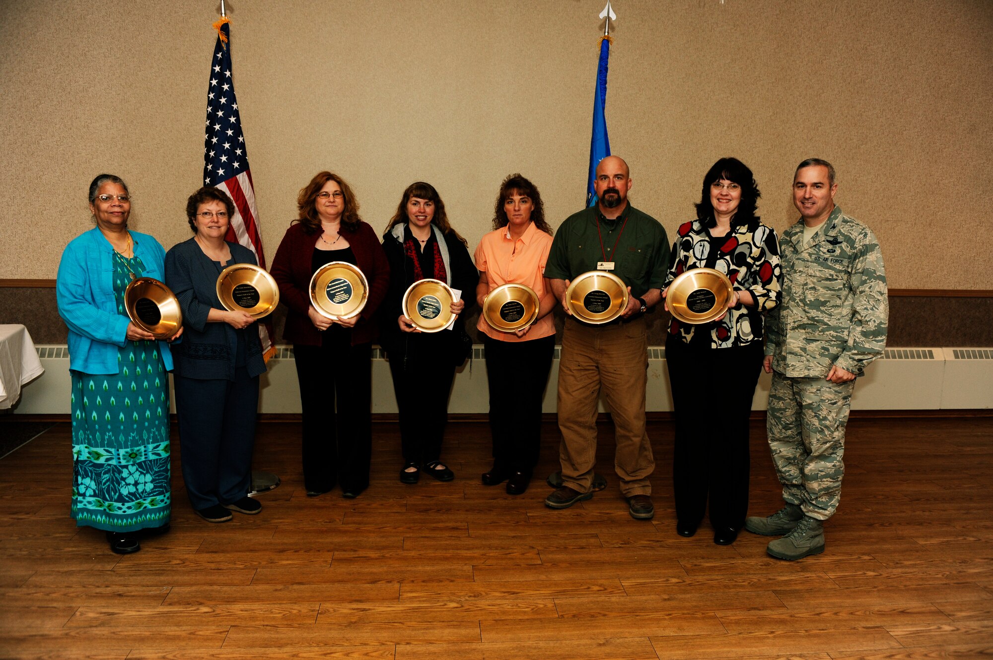 Local Eielson school teachers display their awards they received from being selected for the teacher spotlight program May 6, 2009, Eielson Air Force Base, Alaska. Seven local teachers were selected to be recognized by the Eielson community for their dedication and positive impact on educating Military children.  (U.S. Air Force Photo/Senior Airman Jonathan Snyder)