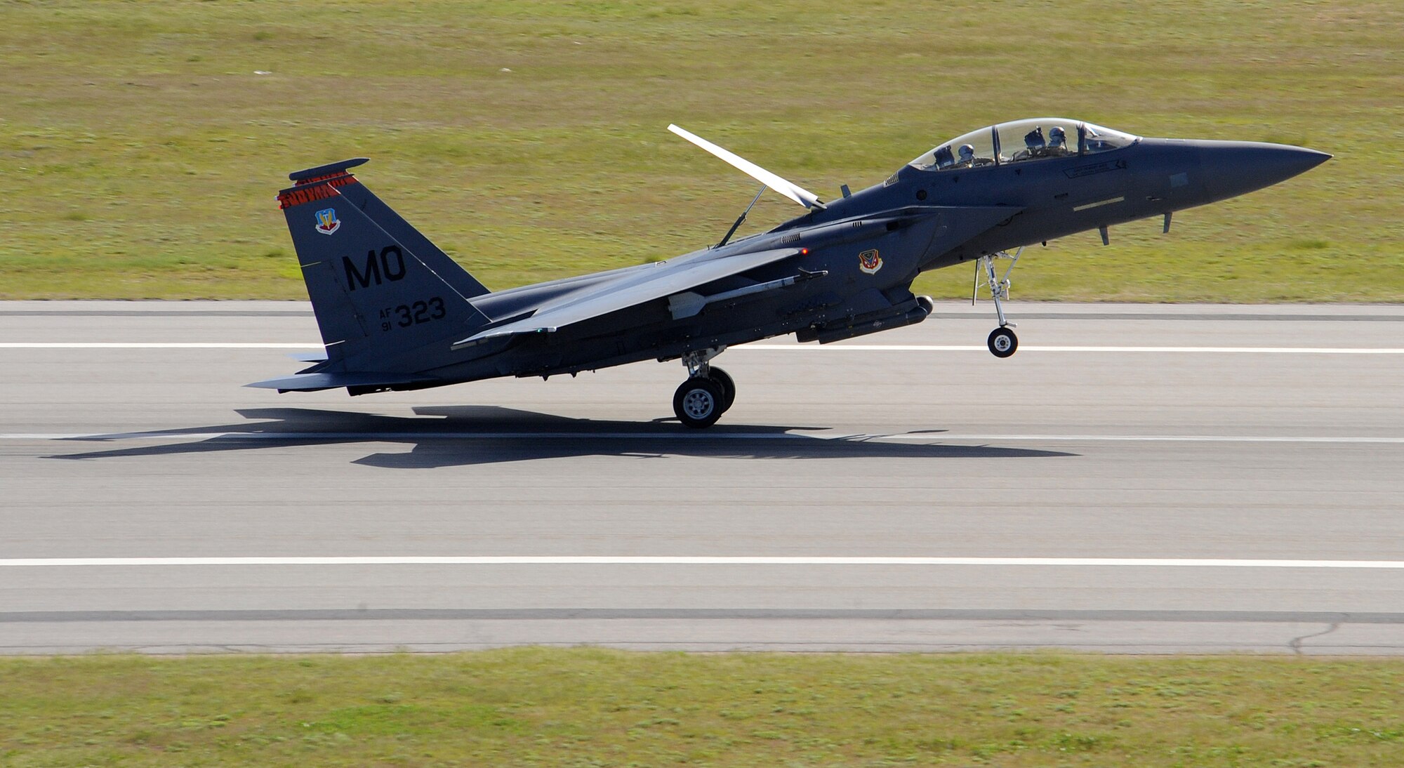An F-15 from Mountain Home Air Force Base, Idaho takes off at Hill AFB, Utah during Combat Hammer, May 6. The Air-to-Ground Weapon Systems Evaluation Program is evaluating the accuracy of weapons systems of F-22?s from the 49th Fighter Wing at Holloman Air Force Base, N.M., as well as F-15?s from Mountain Home AFB, Idaho and F-16?s from Eglin AFB, Fla. .  