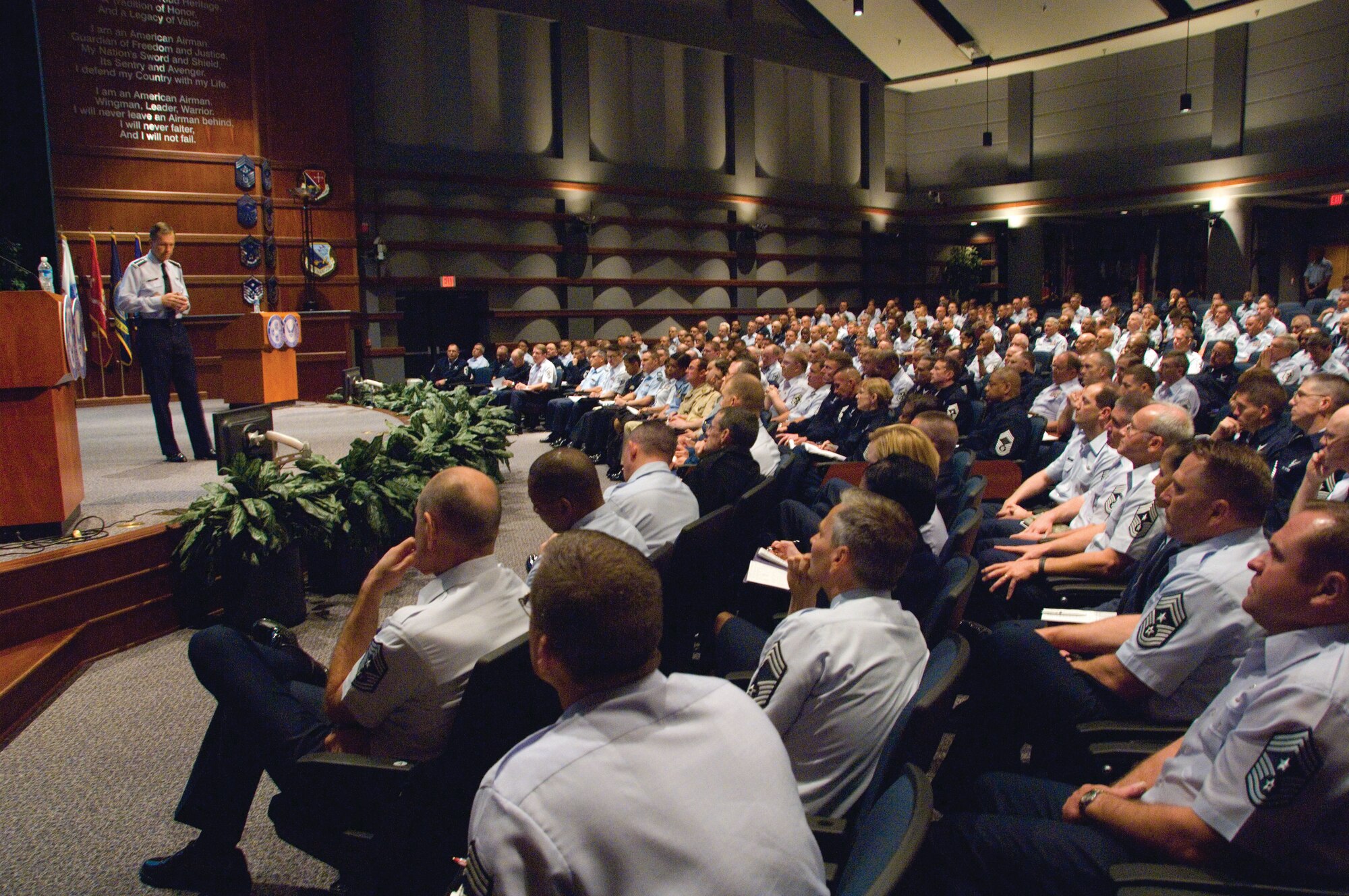 Vice Chief of Staff of the Air Force Gen. William M. Fraser III addresses attendees of the Senior Enlisted Leader Summit May 6 at the Senior NCO Academy auditorium at Maxwell Air Force Base's Gunter Annex, Ala. (U.S. Air Force photo by Melanie Rodgers Cox)