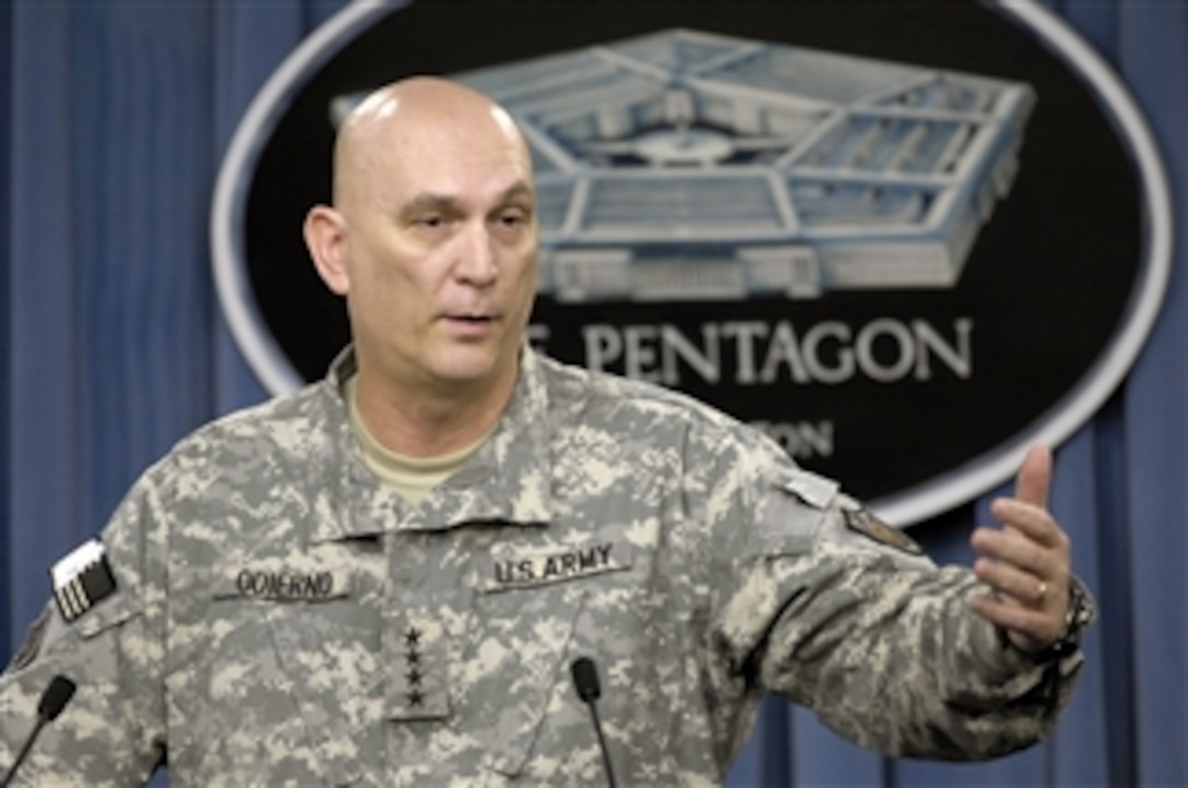 Commander of Multi-National Forces-Iraq Gen. Raymond T. Odierno, U.S. Army, provides an operational update during a press briefing in the Pentagon on May 8, 2009.  Odierno centered his presentation on the challenges of on-going security operations in Iraq as foreign allied troop levels drop and Iraqi forces assume an increasingly larger security responsibility.  