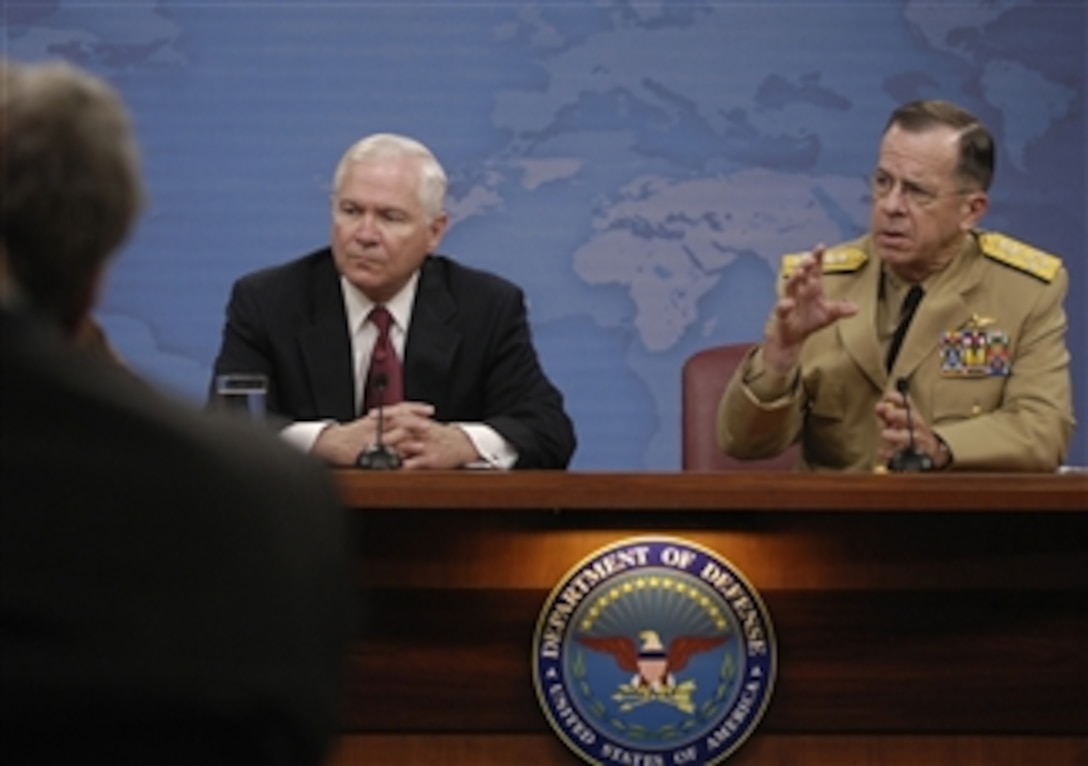 Secretary of Defense Robert M. Gates (left) and Chairman of the Joint Chiefs of Staff Adm. Michael Mullen, U.S. Navy, conduct a press briefing where they announce Army Lt. Gen. Stanley McChrystal is to replace Army Gen. David D. McKierna as commander of NATO's International Security Assistance Force and U.S. forces in Afghanistan in the Pentagon on May 11, 2009.  