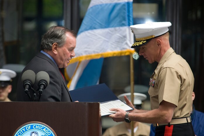 Mayor Daley presents Brig. Gen. Spiese with the official proclamation claiming this week as 'Marine Week' in Chicago.