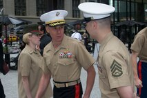 Brig. Gen. Melvin G. Spiese and Staff Sgt. Jeremy Vought talk before doing an interview for Marines TV May 11.