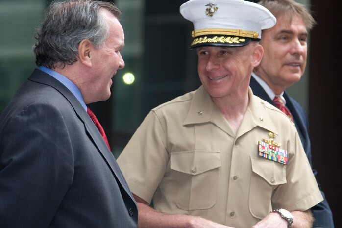 Mayor Richard M. Daley and Brig. Gen. Melvin G. Spiese share a story after the Marine Week Dedication Ceremony May 11.