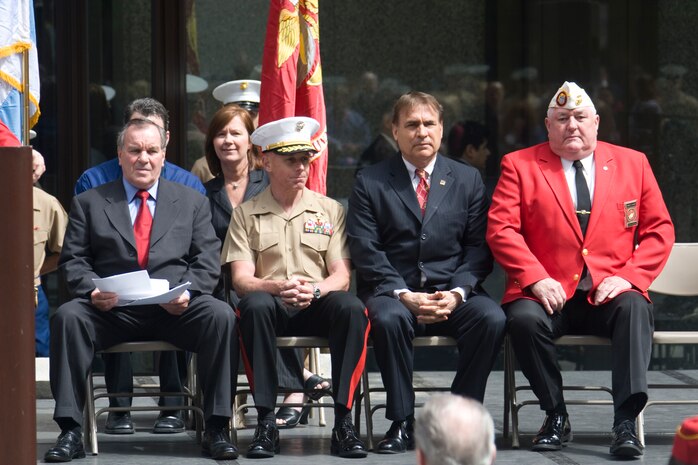 Mayor Daley and BGeneral Spiese attend the Marine Week Dedication Ceremony with James Balcer, Alderman of Chicago's 11th Ward, and Marine Corps League National Commandant James Laskey.