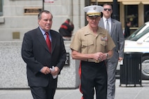 Mayor Richard M. Daley and Brig. Gen. Melvin G. Spiese  walk to the Marine Week Dedication Ceremony May 11.