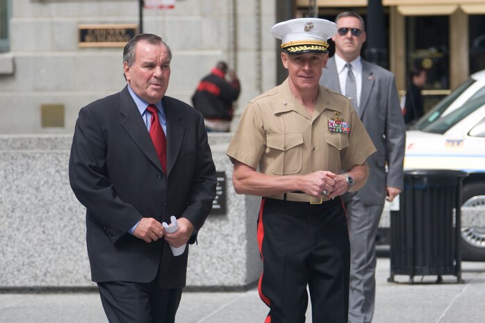 Mayor Richard M. Daley and Brig. Gen. Melvin G. Spiese  walk to the Marine Week Dedication Ceremony May 11.