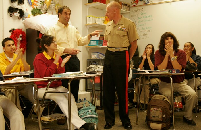 Chicago native Brig. Gen. Melvin G. Spiese, commanding general of Training and Education Command in Quantico, Va., and Michael Milkie, superintendent of the Noble Street Charter School downtown, observes classroom demonstrations while touring the building during a recent visit to the facility. Spiese will be visiting several other educational facilities whithin the Chicago area to speak to students regarding their future educational goals. The schools’ mission is to establish and provide educational choice for students throughout Chicago.