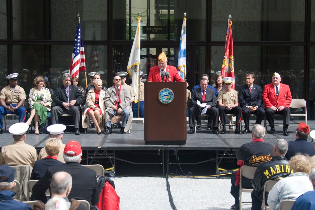Mayor Richard M. Daley and Brig. Gen. Melvin G. Spiese attend the Marine Week Dedication Ceremony with James Balcer, Alderman of Chicago's 11th Ward, and Marine Corps League National Commandant James Laskey.