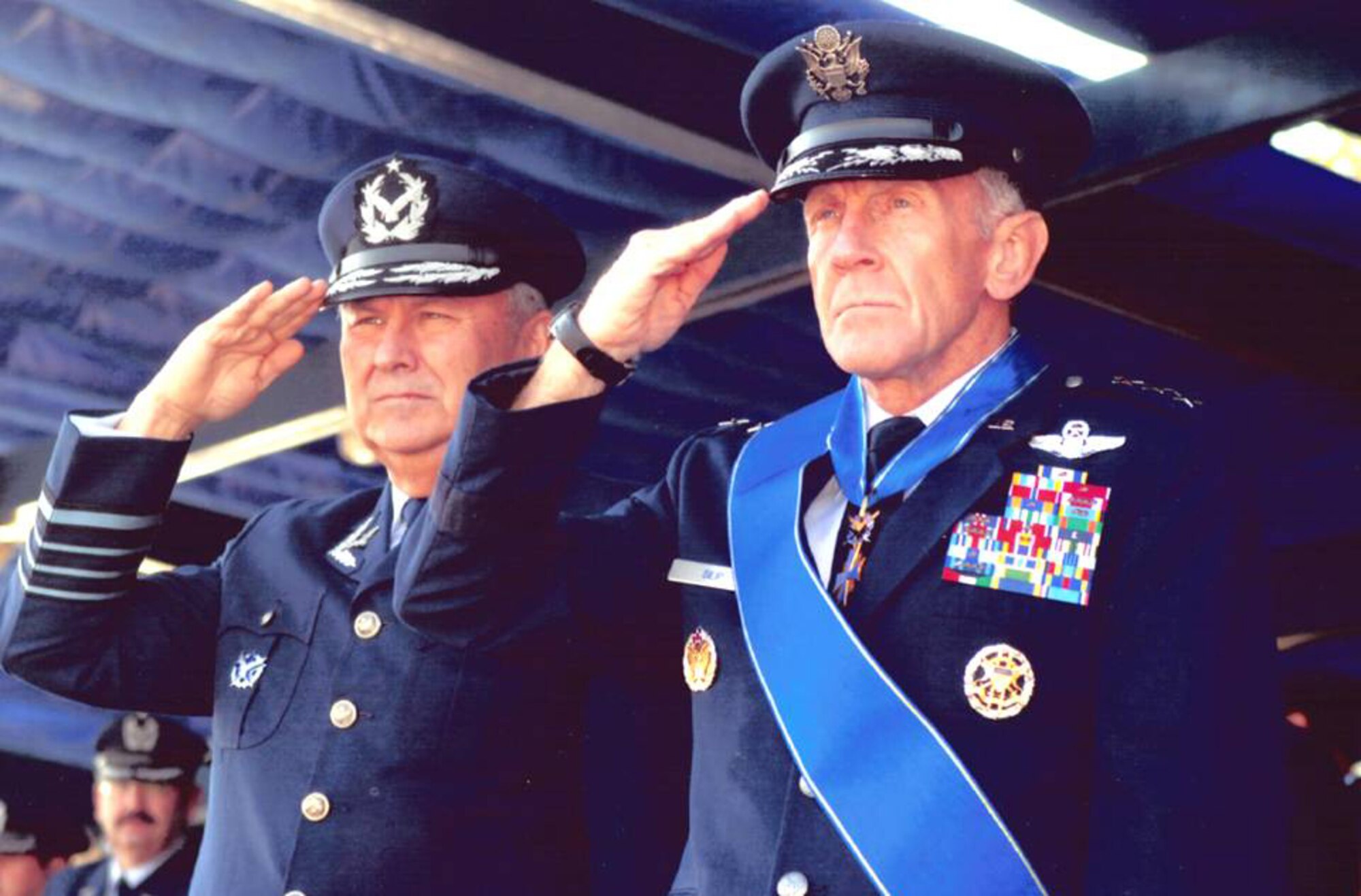 SANTIAGO, Chile -- Lt. Gen. Norman Seip, Twelfth Air Force (Air Forces Southern) commander, and General del Aire Don Ricardo Ortega Perrier, the Chilean Air Force Commander in Chief, return a salute during an award ceremony last month honoring the ongoing AFSOUTH contributions to the readiness of the Chilean Air Force. General Seip accepted the Chilean Air Force's Aeronautical Medal of Merit on behalf of the AFSOUTH team; the award is currently on display at the 12th AF (AFSOUTH) headquarters. (Courtesy Photo)