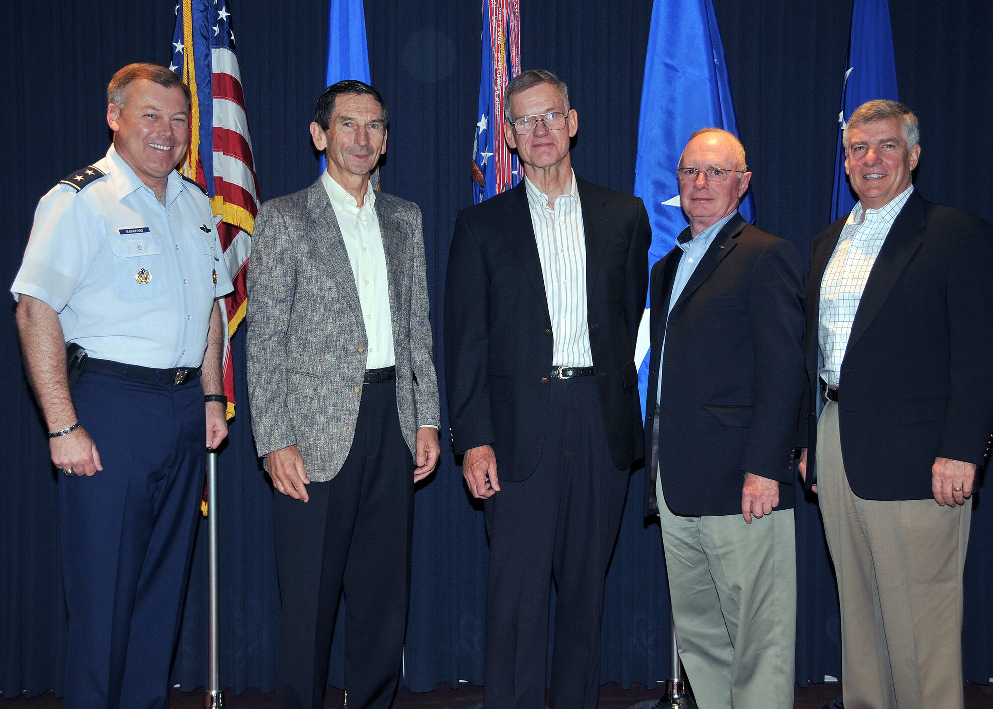 The Air Force Operational Test and Evaluation Center hosted four former AFOTEC commanders May 11-12 at AFOTEC’s headquarters at Kirtland Air Force Base, N.M. From left to right: Maj. Gen. Stephen T. Sargeant (current AFOTEC commander); retired Lt. Gen. Marcus Anderson (1991-1993); retired Maj. Gen. Peter Robinson (1990-1991); retired Maj. Gen. George Harrison (1993-1997); and retired Maj. Gen. Felix Dupré (2003-2005).