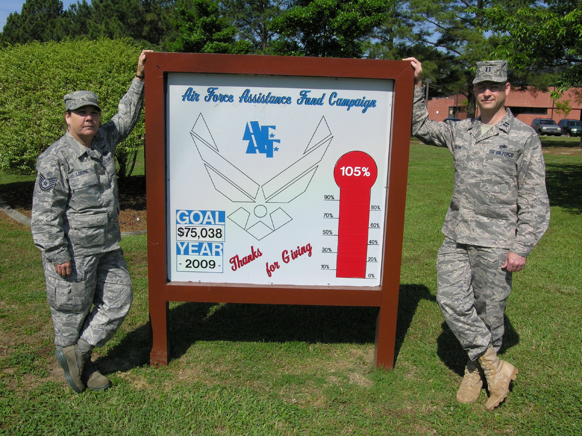 SEYMOUR JOHNSON AIR FORCE BASE, N.C. -- Capt. Aaron Beam (right) and Tech. Sgt. Sharon Loring stand proudly in front of the goal sign for the Air Force Assistance Fund. The two were co-coordinators for fundraising efforts at the 916th Air Refueling Wing and helped the Reserve wing raise more than 167 percent of its original goal.