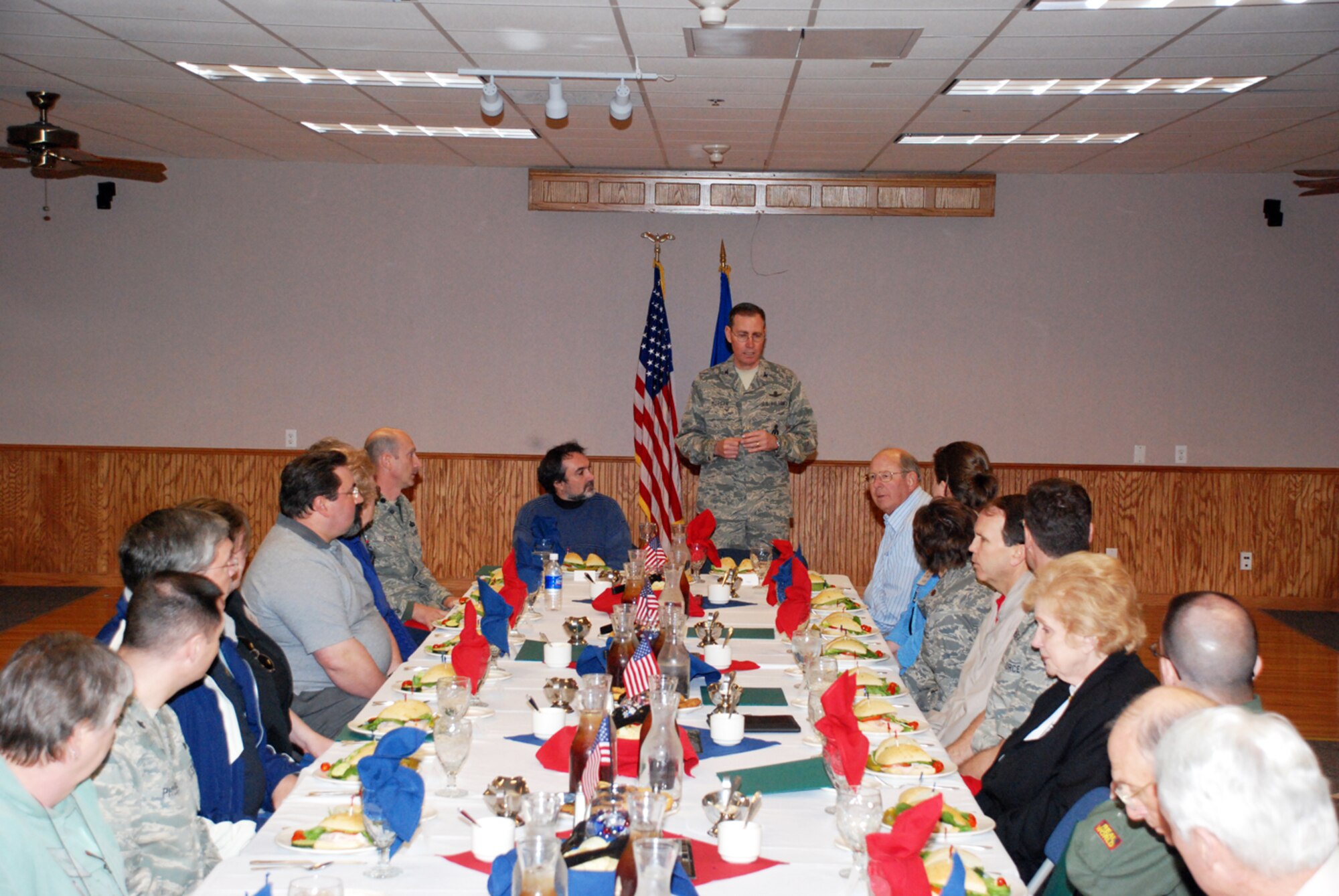 Col. Mike Morgan, 90th Missile Wing commander, addresses the attendees of the honorary squadron commander kick-off tour during lunch in the base chapel activity center May 2. The tour began at 9 a.m. at the missile procedures trainer and ended at around 1 p.m. after the luncheon (U.S. Air Force Photos/Staff Sgt. Chad Thompson)