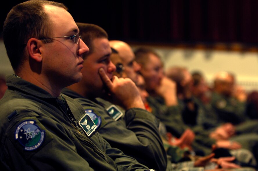 MINOT AIR FORCE BASE, N.D. – Members from the 5th Bomb Wing and 91st Missile Wing attend an officer and senior noncommissioned officer all call held by Brig.  Gen.  James M. Kowalski, Air Force Global Strike Command commander,(provisional). General Kowalski briefed members from both the 5th Bomb Wing and 91st Missile Wing in two all-calls during his visit, highlighting the Air Force’s focus of professionalism and excellence. (U.S. Air Force photo by Airman First Class Jesse Lopez)