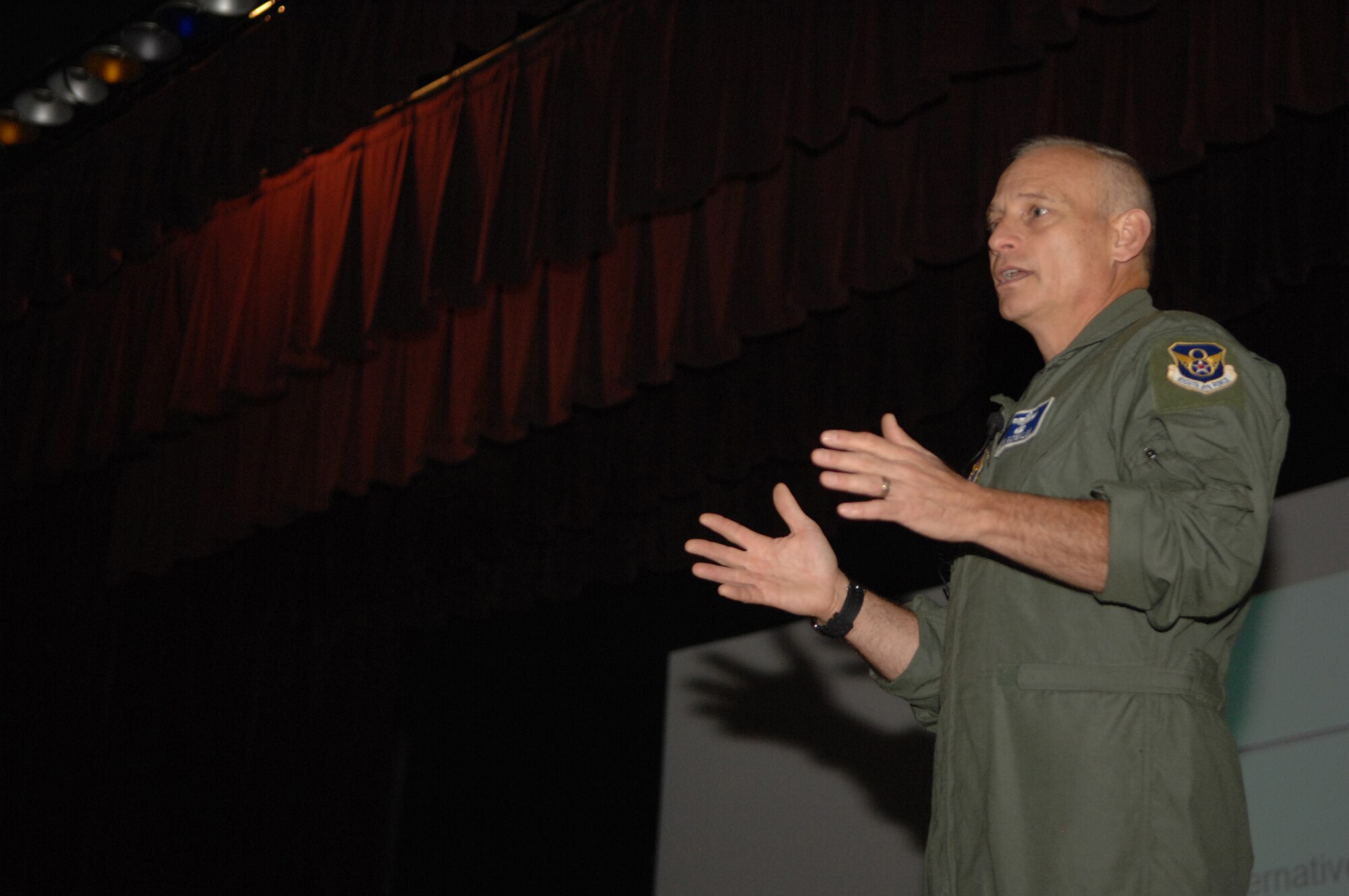 MINOT AIR FORCE BASE, N.D. -- Brig.  Gen. James M. Kowalski, Air Force Global Strike Command commander (provisional), addresses base Airmen about the direction and focus for the command’s future here May 8.  General Kowalski briefed members from both the 5th Bomb Wing and 91st Missile Wing in two all-calls during his visit, highlighting the Air Force’s focus of professionalism and excellence. (U.S. Air Force photo by Staff Sgt. Angel Gallardo)