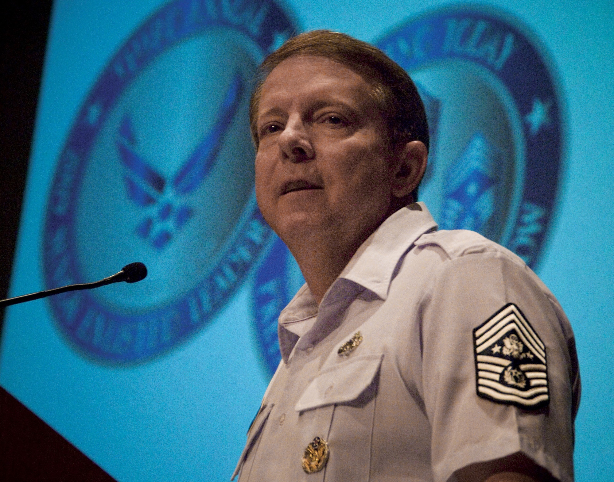 Chief Master Sgt. of the Air Force Rodney J. McKinley addresses attendees at the the third annual Senior Enlisted Leader Summit May 4 in the Senior NCO Academy Auditorium at Maxwell Air Force Base's Gunter Annex, Ala. (U.S. Air Force photo/Melanie Rodgers Cox) 
