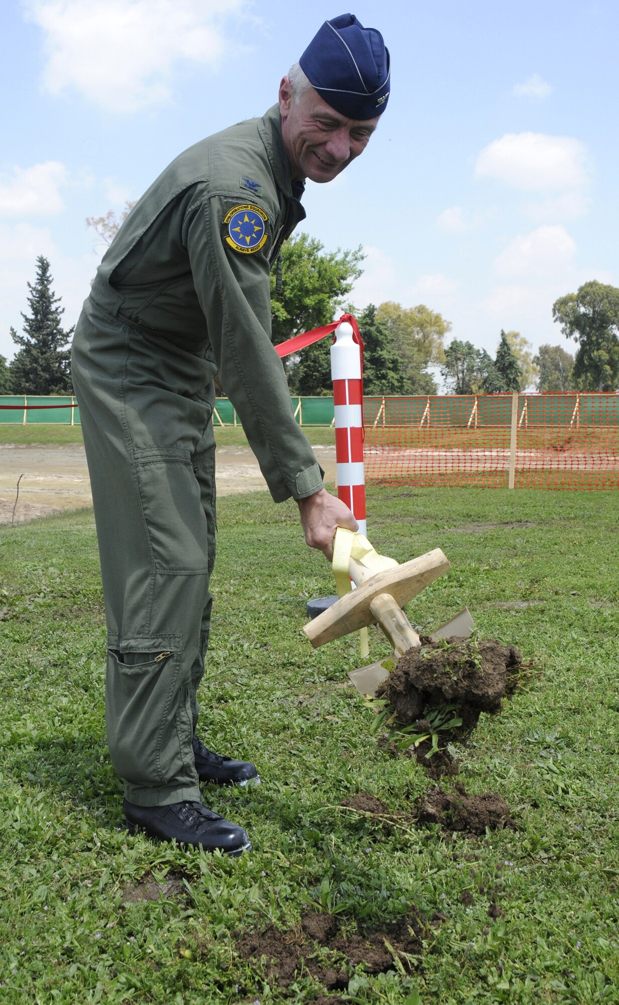 Col Philip McDaniel, 39th Air Base Wing commander, breaks ground at the “construct waste water reuse irrigation system” project opening ceremony at Incirlik’s Hodja Lake Golf Course May 8, 2009 at Incirlik Air Base, Turkey. The purpose of the project is the reuse of treated water for the golf course’s irrigation, to replace the currently used potable water, which is supplied from on and off-base wells. This will save energy and money, reducing the potable water demand. The new irrigation system will cover the fairways, tees, greens, internal and external rough areas and driving range.  (U.S. Air Force photo/Airman 1st Class Amber Russell)