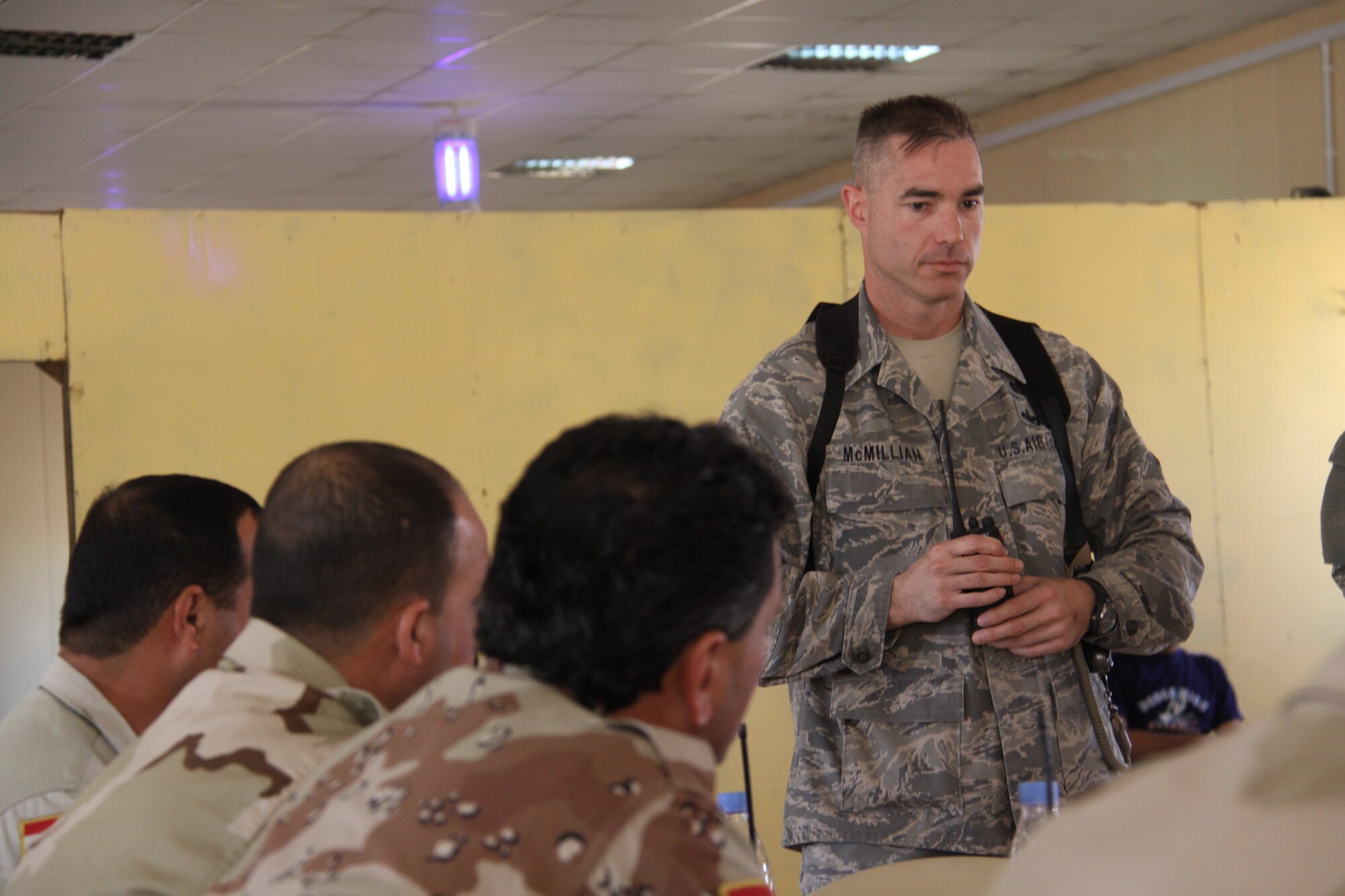 CAMP TAJI, Iraq — Master Sgt. Shawn McMillian, Joint Headquarters Army Advisor and Training Team senior enlisted advisor, facilitates a Taji Sergeant Major Council meeting here recently. The council meets bi-monthly to discuss a variety of enlisted issues, to include improving the quality of life for enlisted Iraqi Soldiers. The council is the first of its kind in Iraq. Sergeant McMillian is deployed here from Holloman Air Force Base, N.M., and is a native of South Point, Ohio. (U.S. Air Force photo/Tech. Sgt. Lionel Castellano)