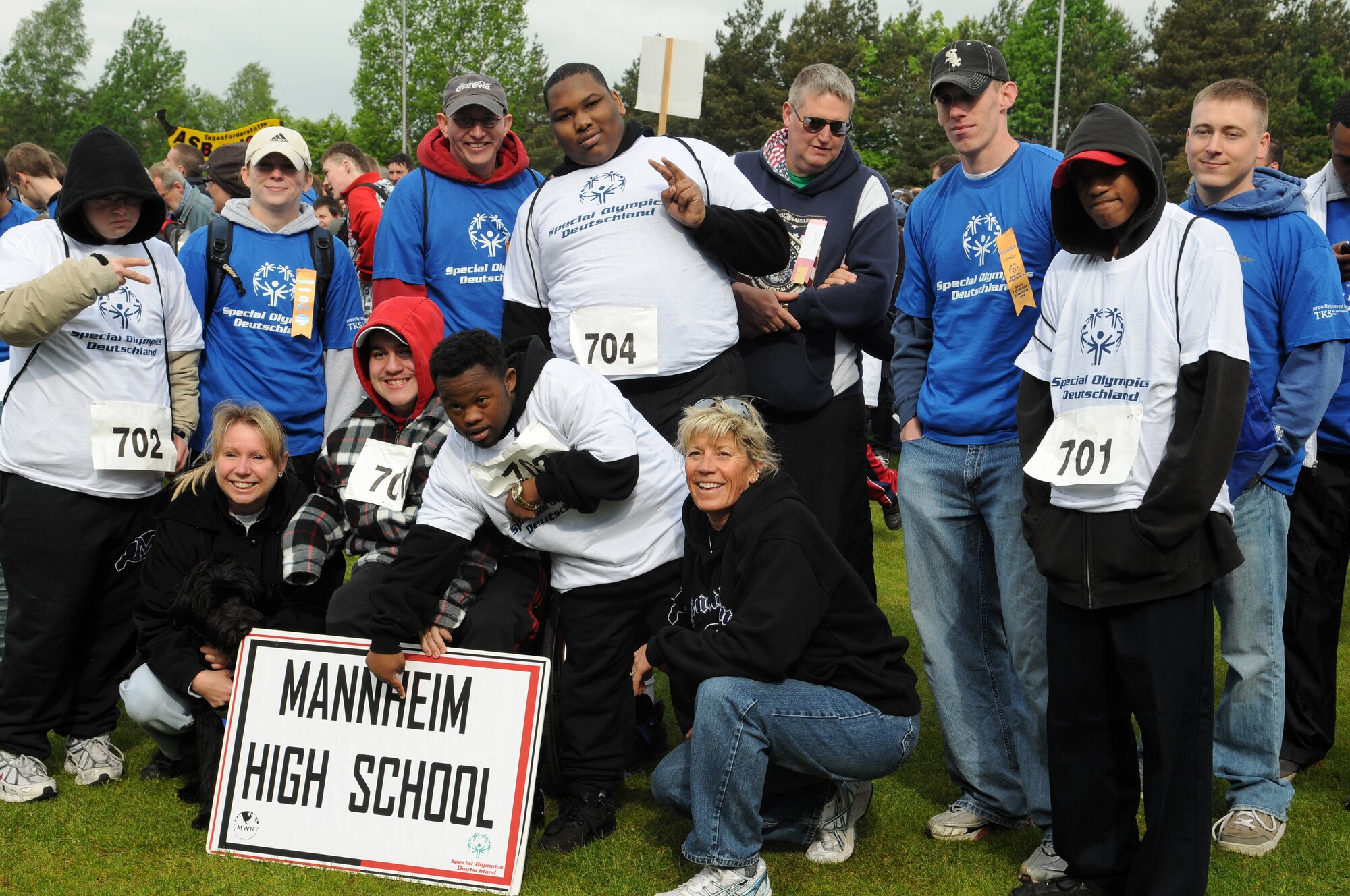 Students, athletes, and athlete buddies pose for a picture during the opening parade at the 36th Annual Special Olympics held in Enkenbach-Alsenborn, Germany, May 6, 2009. Special Olympics is an international program of year-round sports training and athletic competition for more than 1.7 million children and adults with disabilities in more than 150 countries including Germany. (U.S. Air Force photo by Airman 1st Class Grovert Fuentes-Contreras)