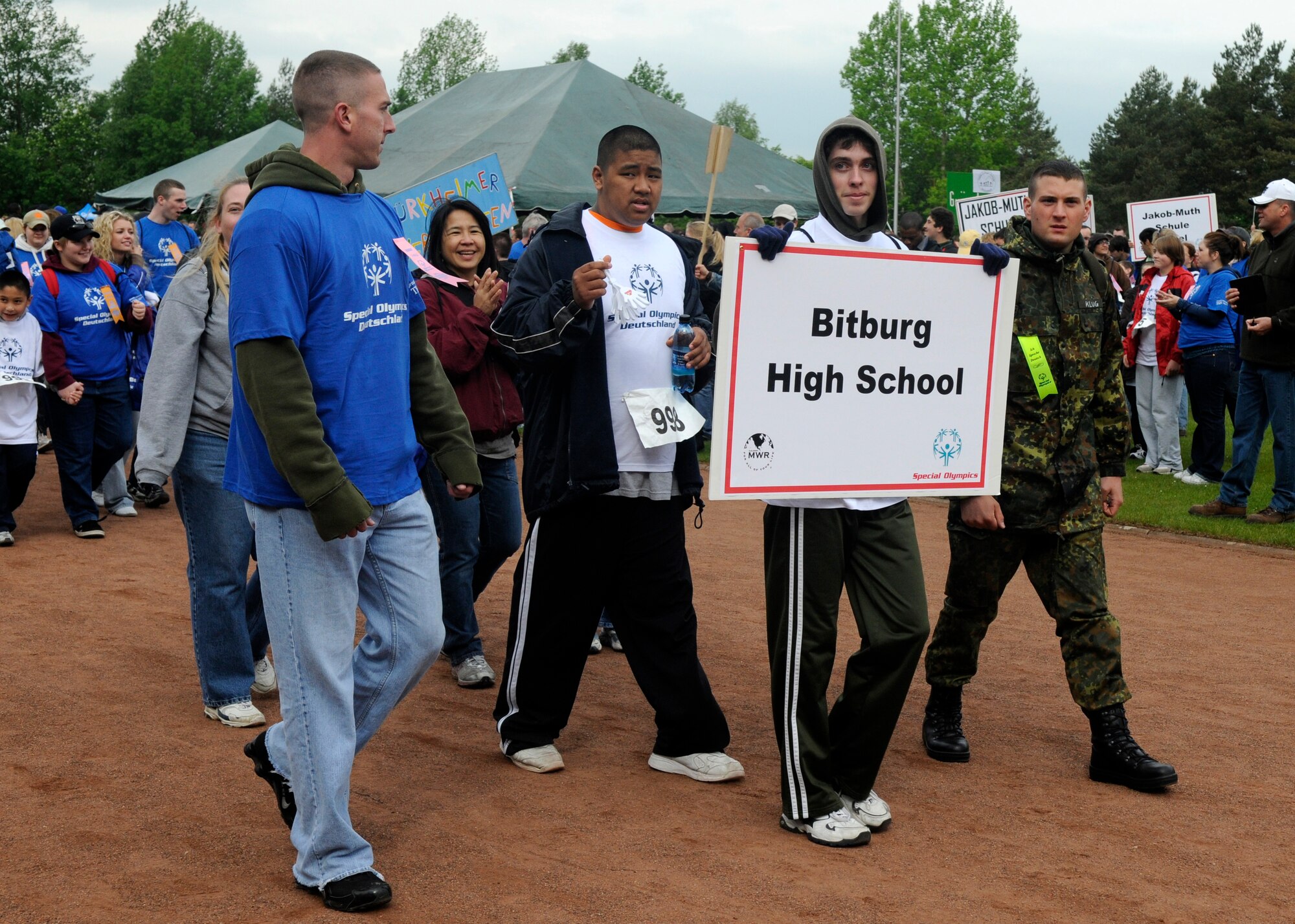 KAISERSLAUTERN, Germany – Athletes from the Bitburg High School and their buddies participate in the open ceremonies parade as part of the U.S. Army Garrison Kaiserslautern Special Olympics Spring Games at the Police Academy in Enkenbach-Alsenborn May 6, 2008. (U.S. Air Force photo by Airman 1st Class Staci Miller)