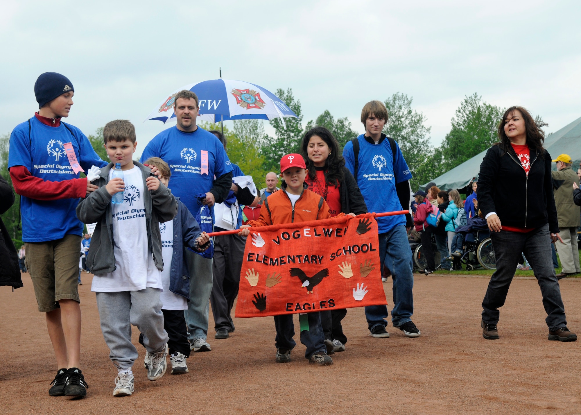 KAISERSLAUTERN, Germany – Athletes from the Vogelwah Elementary School and their buddies participate in the open ceremonies parade as part of the U.S. Army Garrison Kaiserslautern Special Olympics Spring Games at the Police Academy in Enkenbach-Alsenborn May 6, 2008. (U.S. Air Force photo by Airman 1st Class Staci Miller)