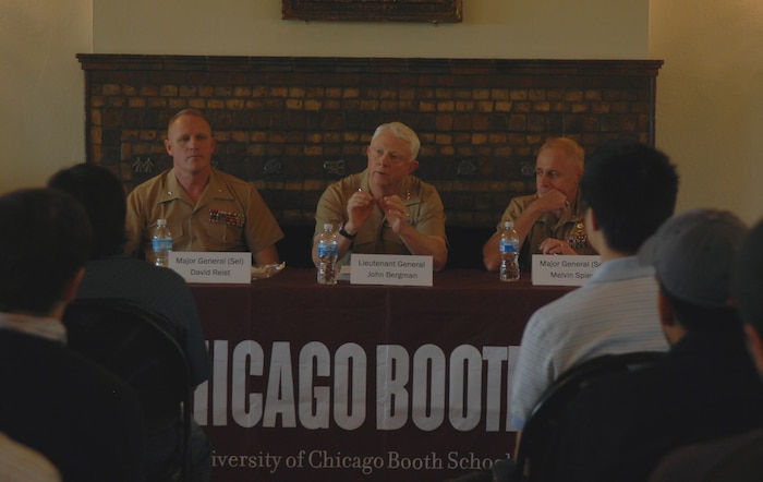 Brig. Gen. David Reist, Lt. Gen. John Bergman and Brig. Gen. Melvin Spiese address University of Chicago Booth School of Business students during a visit to the school May 12 as part of Marine Week 2009. All three generals answered questions about changes they have seen in the Marine Corps throughout their careers and how a civilian might be able to apply Marine leadership concepts in their businesses.