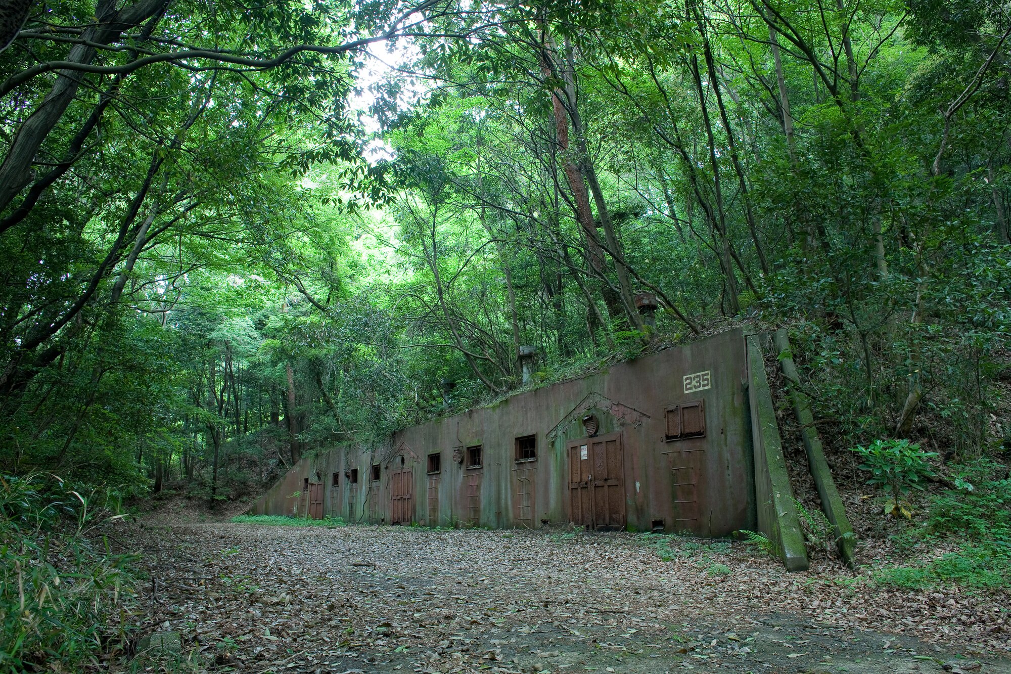 INAGI CITY, Japan -- Ammunition bunkers like this one at Tama Hills Recreation Area 
were used by the Japanese Imperial Army to store munitions prior to and during World War II. The facilities were built according to German specifications and resemble those found in Bavaria. Shortly before Japan's surrender, soldiers saturated most of the area with a highly poisonous chemical. The U.S. Army brought in decontamination and demolition teams to clear the site and check for unexploded ordnance. Yokota civil engineers maintain the site's biodiversity and have also erected historical plaques throughout the 250-acre site containing bunkers, foundations and tunnels. (U.S. Air Force photo/Osakabe Yasuo)