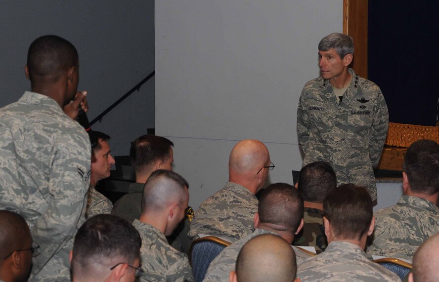 YOKOTA AIR BASE, Japan -- Air Force Chief of Staff Gen. Norton Schwartz listens as a Team Yokota Airman asks a question, May 13 during an Airman's Call at the Taiyo Community Center. The general spoke about his priorities as the top ranking Airman and fielded questions ranging from changes to the Air Force fitness program to the service's efforts to go "green".(U.S. Air Force photo/Airman 1st Class Devin Doskey)