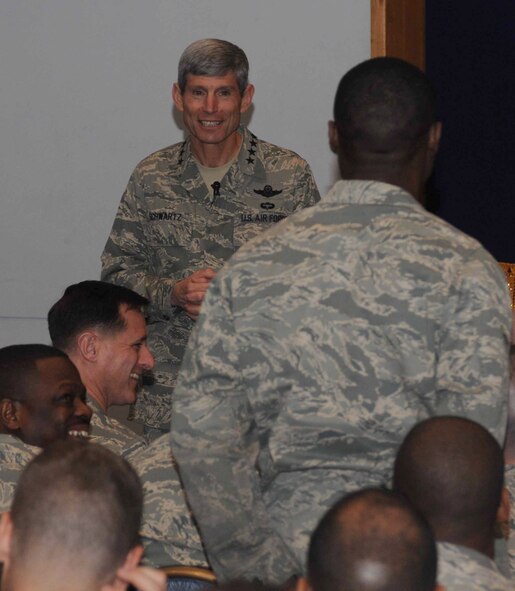 YOKOTA AIR BASE, Japan -- General Norton Schwartz, Air Force chief of staff, receives a question from a Team Yokota Airman May 13 during an Airman's Call at the Taiyo Community Center. The general spoke about his priorities as the top ranking Airman and fielded questions ranging from changes to the Air Force fitness program to the service's efforts to go "green".(U.S. Air Force photo/Airman 1st Class Devin Doskey)