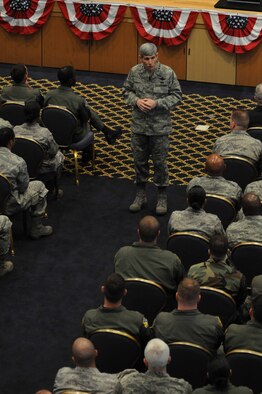 Gen. Norton Schwartz, Air Force chief of staff, talks with more than 600 Team Yokota members May 13 during an Airman's Call at Yokota Air Base, Japan. The general spoke about his priorities as the top ranking Airman and fielded questions ranging from changes to the Air Force fitness program to the service's efforts to go "green". (U.S. Air Force photo/Airman 1st Class Michael Dillon) 