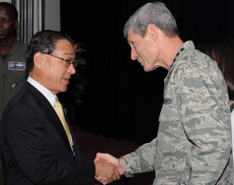 YOKOTA AIR BASE, Japan -- Chief of Staff of the Air Force Gen. Norton Schwartz, talks with Akishima City mayor Joichi Kitagawa May 13 during a civic leaders luncheon at the Yokota Officers' Club. General Schwartz met with local leaders to talk about the importance of the relationship between the U.S. Air Force in Japan and surrounding communities. (U.S. Air Force photo/Airman 1st Class Devin Doskey)